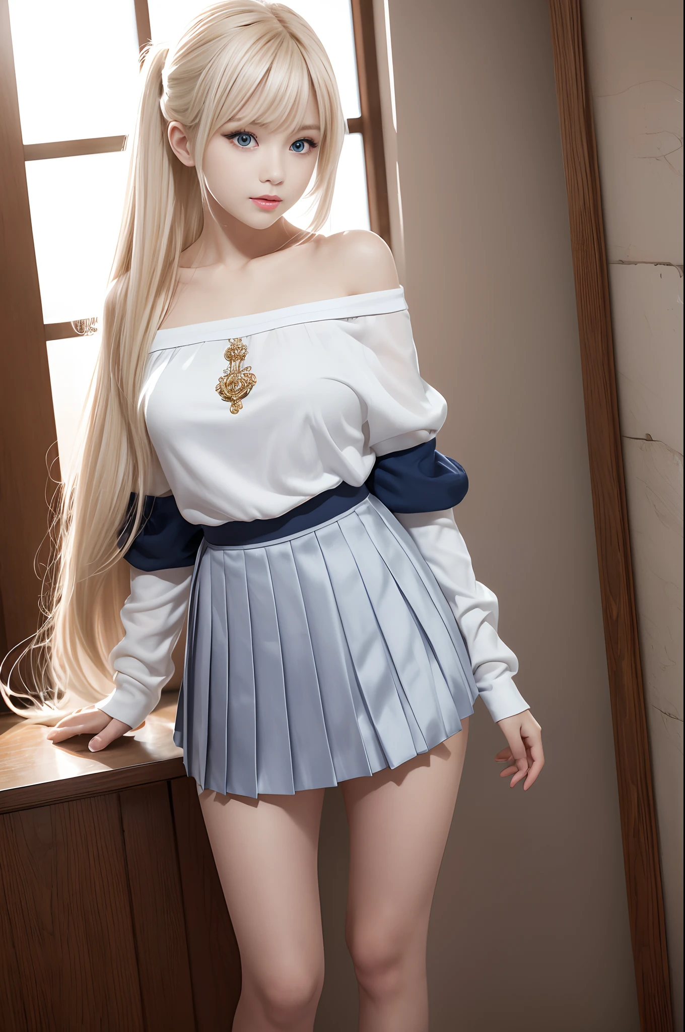 bright expression、poneyTail、Young shiny shiny white shiny skin、Best Looks、Blonde reflected light、Platinum blonde hair with dazzling highlights、shiny light hair,、Super long silky straight hair、Beautiful bangs that shine、Glowing crystal clear attractive big blue eyes、Very beautiful nice cute 16 year old girl、Lush bust,Beautiful detailed eyes, beautiful detailed nose,(( Full body:1.25)),Makeup that the eyes emphasize、((Pleated skirt with many folds)),(Women like Joan of Arc)、s Armor、Knights, With a sword and shield,Royal style,Comic style, , Sub-surface scattering, ornate detail, nature backdrop, Hyper-realistic, Cinematic, Dramatic Lighting, masutepiece、top-quality、超A high resolution、(Photorealsitic:1.4)、1girl in、Off-shoulder white shirt、