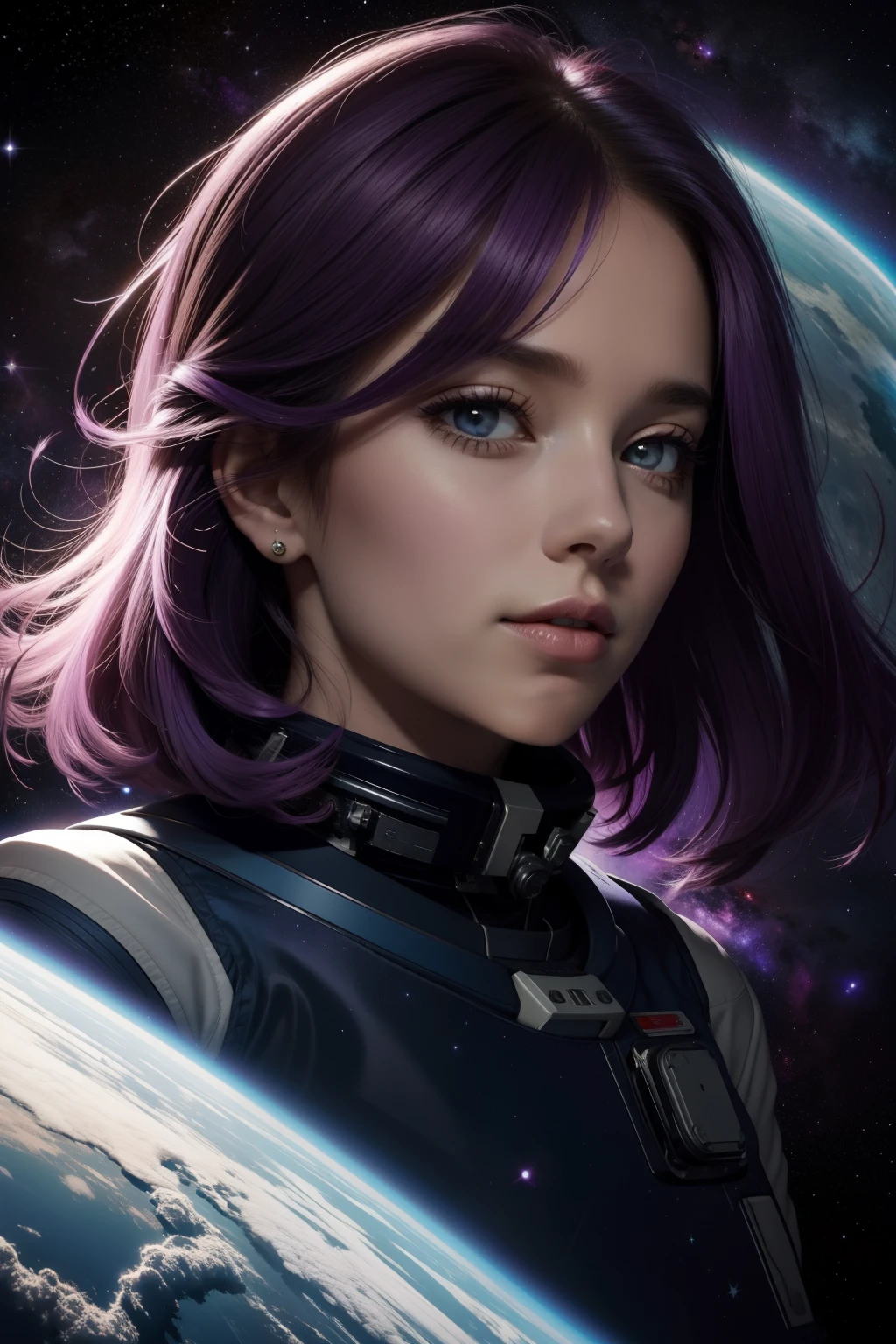 retrato astronauta, mulher loira, cabelos ondulados roxo e rosa, outer space, universo, galaxy, altamente detalhado, sharp strokes