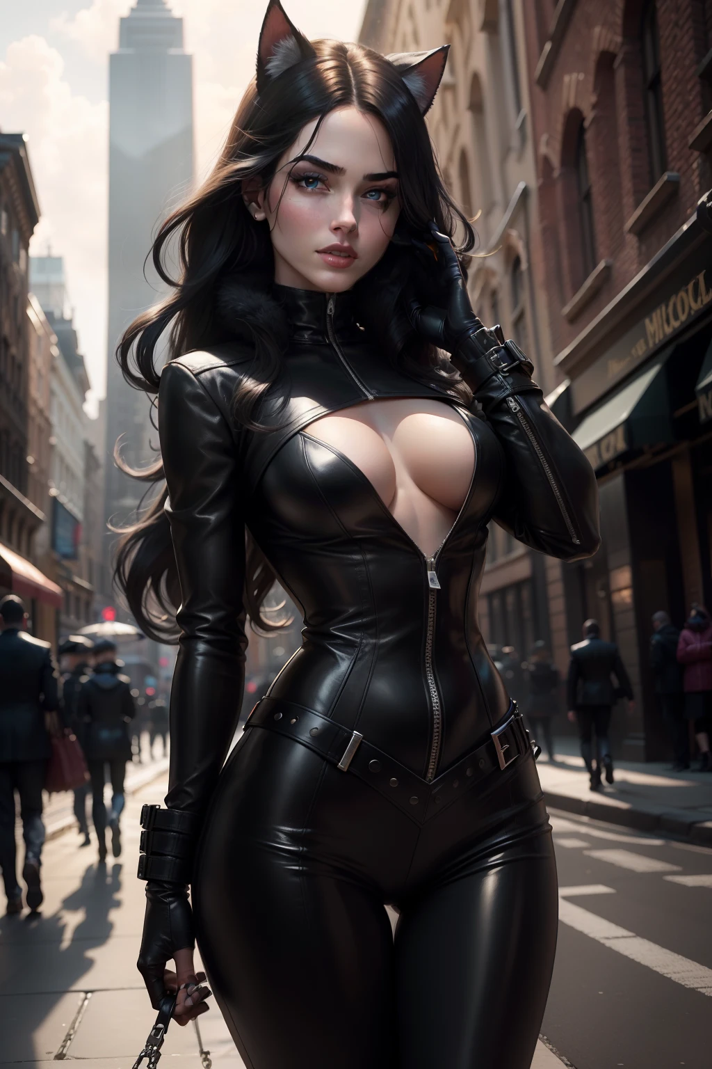 New York, square of time, character Selina Kyle, who appears in comics published by dc comics, the anti-heroine of Batman stories. Her uniform is all black, really based on a "glossy black PVC", has white and long hair, being a beautiful young woman. Her theme in name and appearance refers to the fact that she is a "Cat", that is, a thief, notably of jewelry. (best quality: 1.0), (Ultra Highres: 1.0), highly detailed face and eyes, (photorealistic: 1.2)