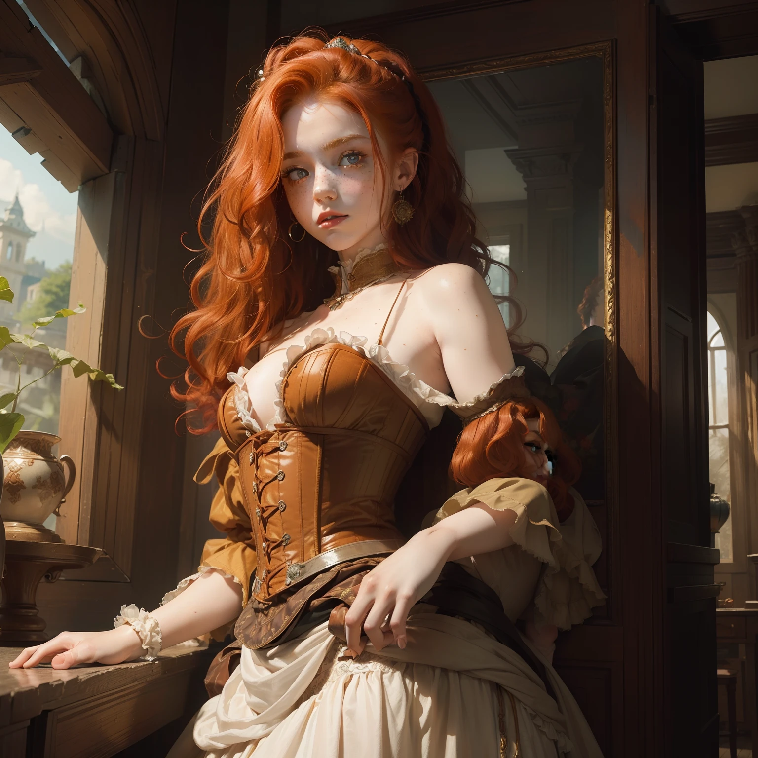 ((best quality)), ((masterpiece)), (detailed), ginger girl, red hair, curly hair, freckles, body freckles, lady, victorian lady, small boobs, curvy, big ass, tiny waist, dress with bodice, victorian dress, princess dress, big long skirt, the skirt covers her legs, vaporous skirt, rebel expression, big honey eyes