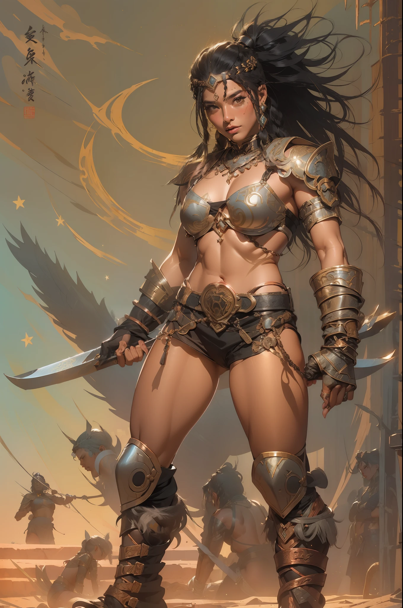 (((mulher))), (((melhor qualidade))), (((obra prima))), (((adulto))), A 30-year-old gladiator woman with an athletic body, chinesa, capuz, (((sozinho))), (((1girl))) , Gladiadores do Brooklyn, quase nua no estilo selvagem urbano de Simon Bisley para a capa da revista Heavy Metal, cabelos moicanos, pose sensual, tiny leather panties, , Minimum clothing, wavy pattern with black Chinese characters and copper, armadura, cheio de pontas e estrelas, (((do joelho pra cima))), mohawk hair with small braids