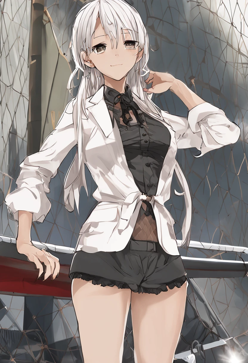 Photorealistic, high resolution, 1womanl, Solo, Hips up, view the viewer, (Detailed face), White hair, Long hair, Street attire, jewelry, Abdomen tattoo 8K、highest quality、超高分辨率、tmasterpiece、Realiy、hyper realisitc、hight contrast、フォトンマッピング、Live view、Ultra-delicate、low angles:1.5、1 girl in、独奏、、:1.5、full bodyesbian、Evening concert venue stage:1.5、Kepop star、Kepop idol、Dress like a pop、Raised sexy、Sit in a chair and look forward、Fancy makeup、blazer jacket:1.3、short skirt:1.3、Blazers and skirts must wear high heels、tiese、Harnes:1.3、Plain feet、high-heels、MCharacter opens his legs:1.3、100度開脚、with an open crotch:1.2、Long brown hair、Observe through wet white panties:1.5、Panties can be seen under the skirt:1.3、Long body、Height is 170 cm、Long feet:1.2、Large breasts、beautyface:1.3、detailed female pubic shape clearly visible:1.5、has cleavage:1.5、pantyless:1.3、The skin has a texture