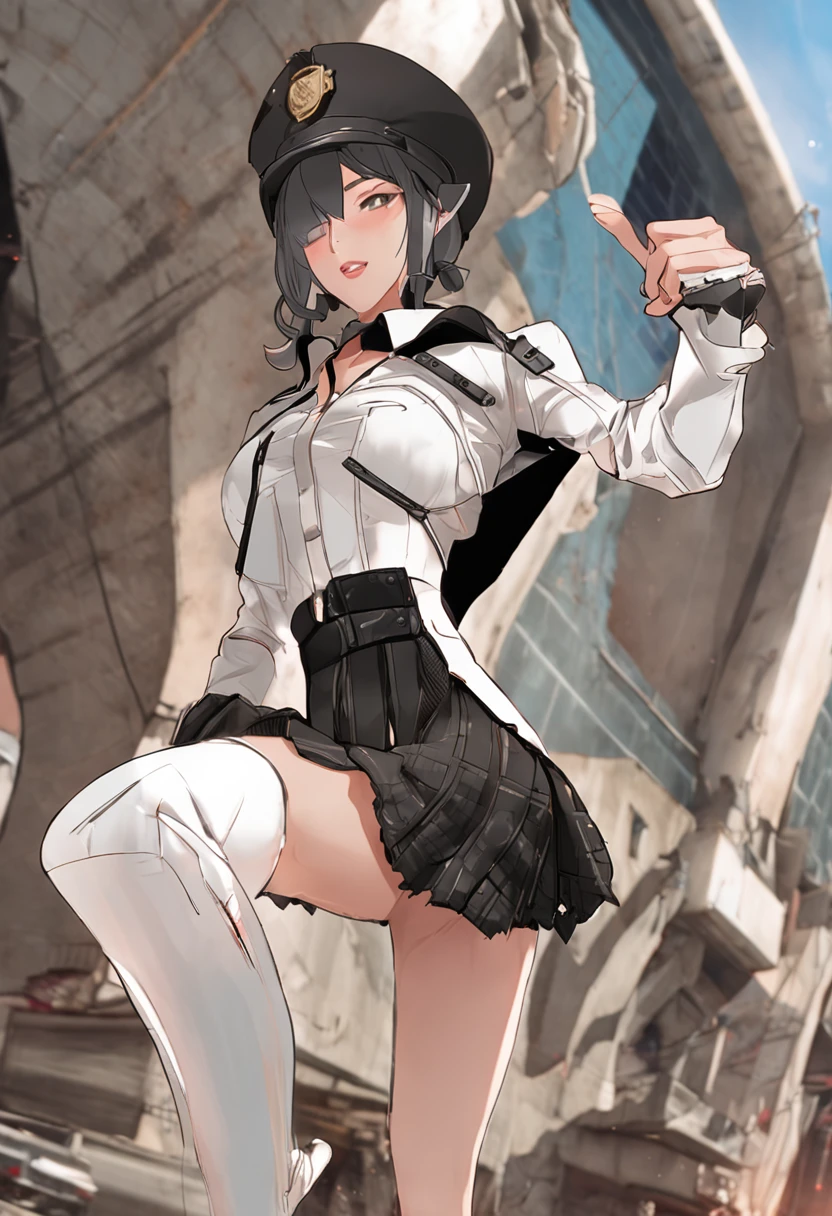 Photorealistic, high resolution, 1womanl, Solo, Hips up, view the viewer, (Detailed face), White hair, Long hair, Street attire, jewelry, Abdomen tattoo 8K、highest  quality、超高分辨率、tmasterpiece、Realiy、hyper realisitc、hight contrast、フォトンマッピング、Live view、Ultra-delicate、low angles：1.5、1 girl in、独奏、、：1.5、full bodyesbian、Evening concert venue stage：1.5、Kepop star、Kepop idol、Dress like a pop、Raised sexy、Sit in a chair and look forward、Fancy makeup、blazer jacket：1.3、short  skirt：1.3、Blazers and skirts must wear high heels、tiese、Harnes：1.3、Plain feet、high-heels、MCharacter opens his legs：1.3、100度開脚、with an open crotch：1.2、Long brown hair、Observe through wet white panties：1.5、Panties can be seen under the skirt：1.3、Long body、Height is 170 cm、Long feet：1.2、Large breasts、beautyface：1.3、detailed female pubic shape clearly visible：1.5、has cleavage：1.5、pantyless：1.3、The skin has a texture