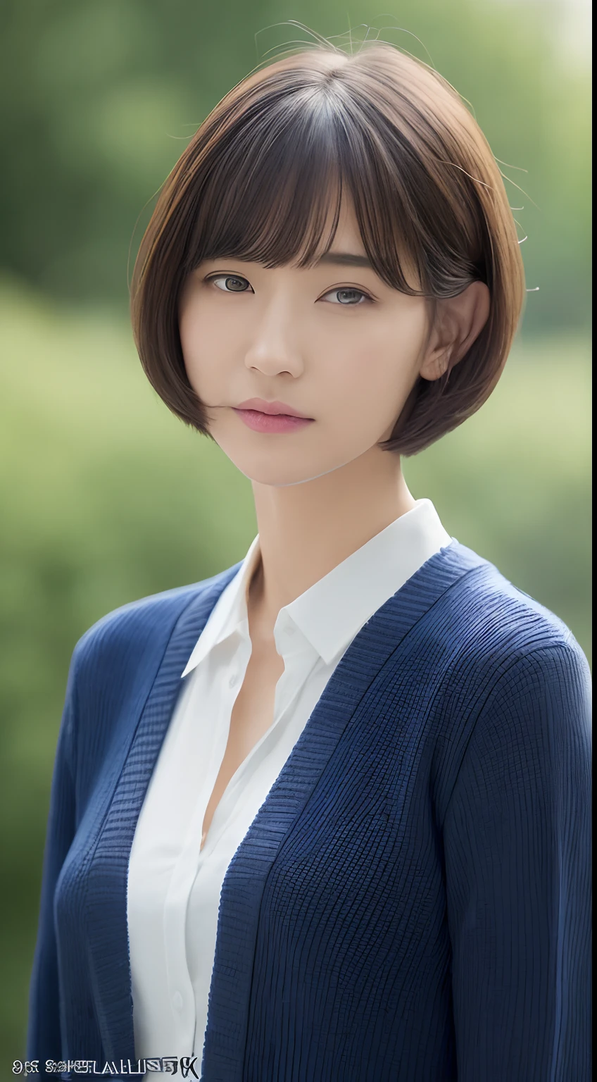 ((top-quality、8k、masterpiece:1.3))、女の子1人、Beautiful woman with slender abs:1.3、(medium short hair、爆乳:1.2)、cardigan:1.1、hyperdetailed face、A detailed eye、二重まぶた、Chew a condom