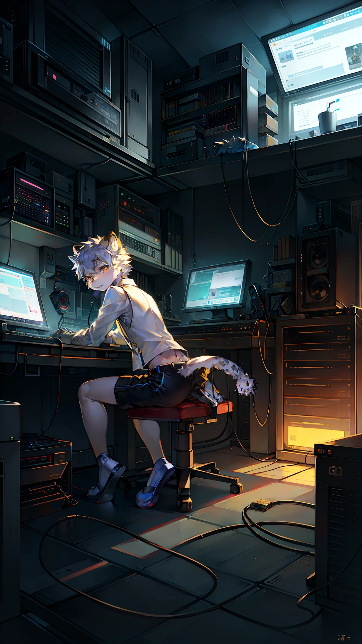 Golden hi-fi mechanical Leopard,Wear white vest,Black shorts,slippers。electrical wires,Electric currents,Computer,sat on the ground