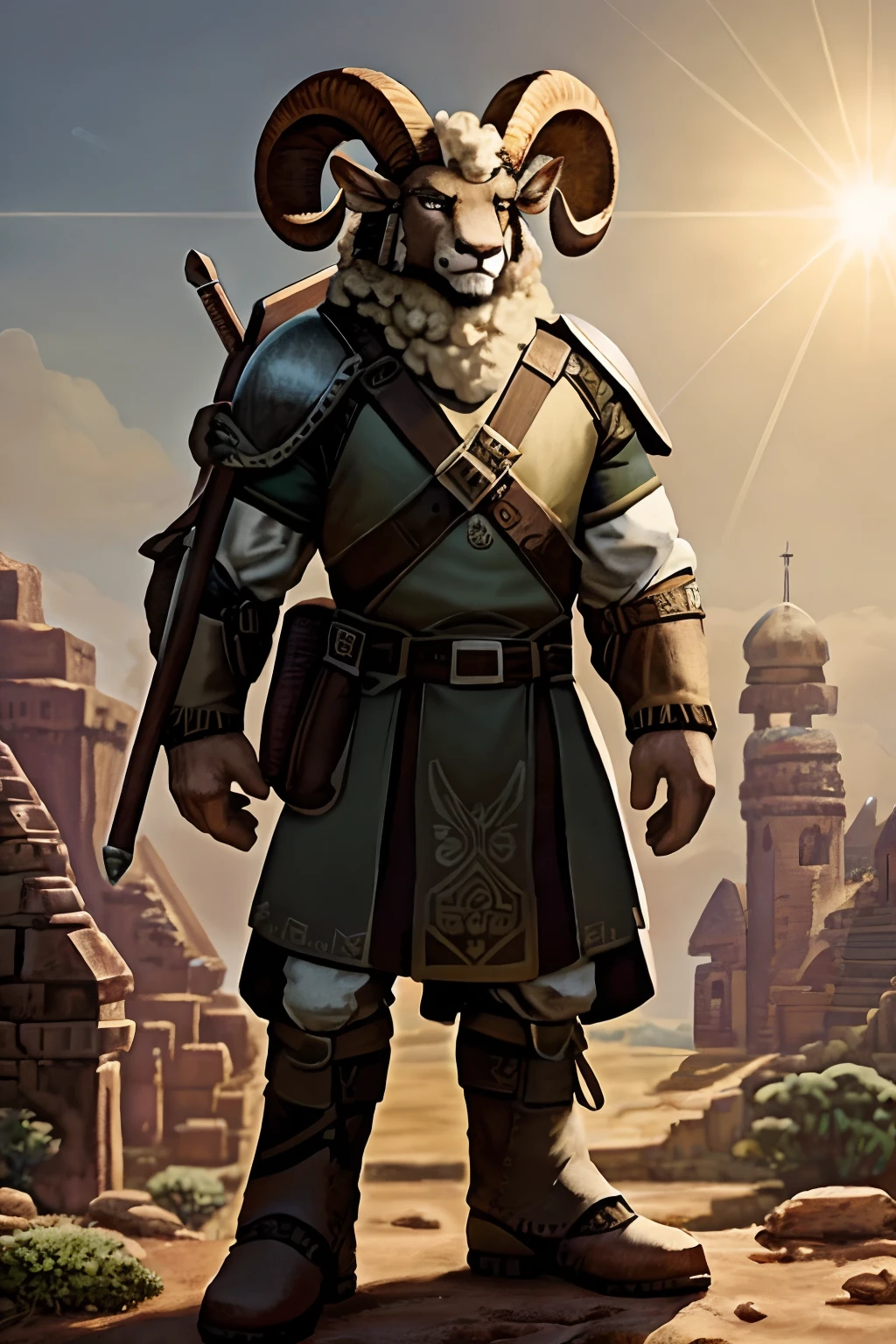 posted on e621, anthro, male, standing, (((hyper realism, brown and white bull, detailed fluffy fur, medium length horns, bovine tail, muscular, scowling expression:1.3)), ((confident pose, side angle, full body perspective, tan colored burlap pants:1.4, burlap cloak, stone pathway background))