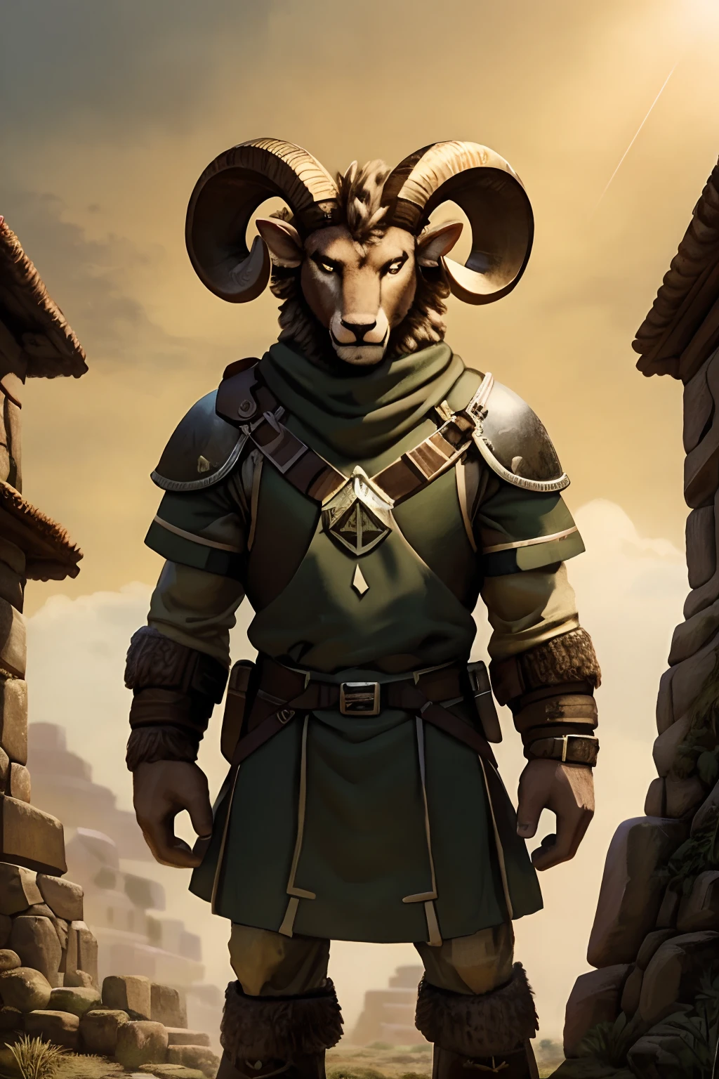 «»A fantastical portrayal of a strong and proud ram dressed in a set of traditional adventuring gear. The ram should be depicted wearing a tunic and light armor, ready to take on the world. The ram adventurer should be posed with a determined and confident stance, perhaps holding a pack or weapon. The background should be a savannah or rural village emphasizing the ram's role as an explorer or mercenary. The lighting should be bright and focused on the ram, highlighting its wool and horns. The camera shot should be a full-body shot, capturing the ram's defiant demeanor and the fine details of its equipment. The resolution should be 8K or higher to showcase the majestic textures of the ram's wool, horns, and weapons. The render style should aim for an oil painting or classical look, suitable for a grounded but epic book cover. Art inspirations can be drawn from depictions of explorers and soldiers. (((Ram mercenary))), (((adventurer))), (((savannah))), (((bright lighting))), (((full-body shot))), (((8K resolution))), (((fantasy render style))).»