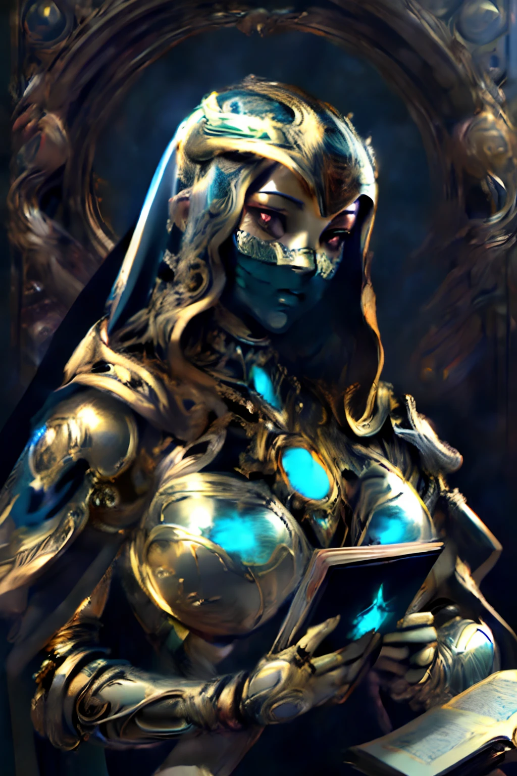 Masterpiece of a female gold biomechanical robot with a (porcelain renaissance styled cyborg mask), pure black noir eye, wearing a veil and framing face, grotesque, detailed anatomy realistic, intricate detailed, intricate stained-glass background, holding a book - high quality, best quality, looking at viewer,