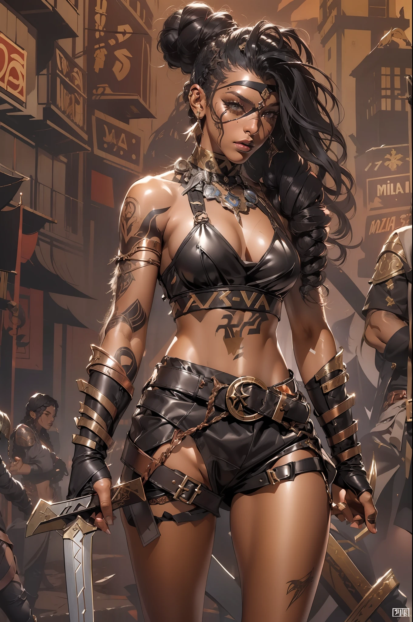 (((mulher))), (((melhor qualidade))), (((obra prima))), (((adulto))), A 30-year-old gladiator woman with an athletic body, rapper, capuz, (((sozinho))), (((1girl))) , Gladiadores do Brooklyn, quase nua no estilo selvagem urbano de Simon Bisley para a capa da revista Heavy Metal, cabelos moicanos, pose sensual, tiny leather panties, , Minimum clothing, wavy pattern with black katakanas and copper, armadura, cheio de pontas e rebites, (((do joelho pra cima))), mohawk hair with small braids