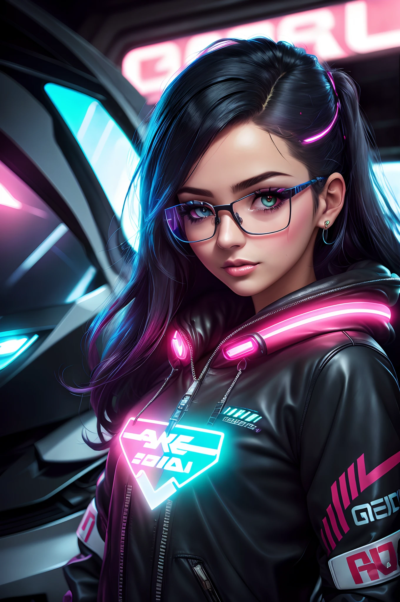 A closeup of a woman wearing glasses and a leather jacket, menina cyberpunk sonhadora, cyberpunk menina bonita, menina de anime cyberpunk feminino, garota anime cyberpunk, arte digital do anime cyberpunk, O retrato da menina cyberpunk, Garota de anime cyberpunk com capuz, Cyberpunk 2 0 e. o modelo menina, estilo de arte cyberpunk, cyberpunk digital - arte de anime, Garota cyberpunk, cara bonita da menina cyberpunk