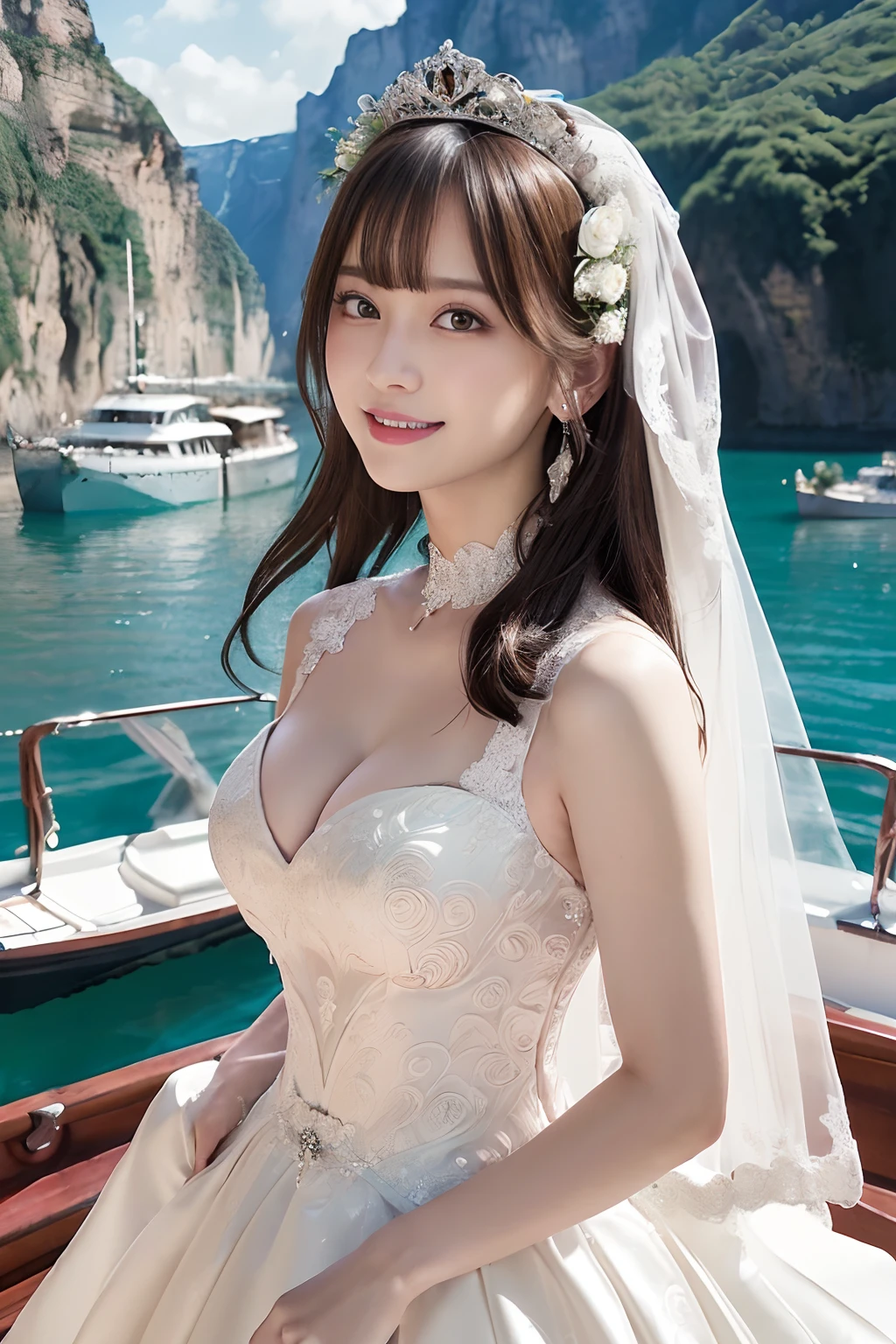(Best Quality, masutepiece:1.2), (Realistic:1.3), (hyper detailed background, Detailed background), Bokeh,from side,  ((medium breasts)), [Beautiful valley],(Princess Line Wedding Dresses:1.3),(Boat neck:1.5), Bridal tiara, Bridal Veil, bridal gauntlets, Bridal Cascade Bouquet, Upper body, Beautiful wedding venues near the sea, age, Cute,Smiling,