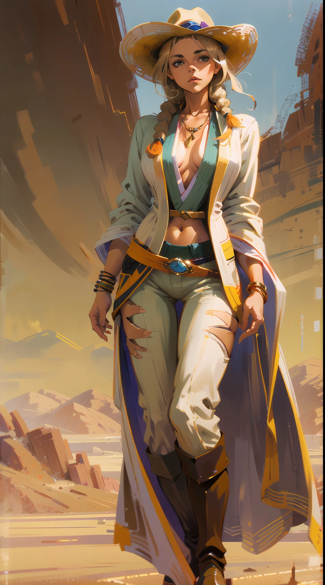 A beautiful woman wearing a cowboy hat, her rose gold hair tied in a long braid, the hat covers the upper half of her face, a slender figure, dressed in a two-piece long robe coat that blends Western suit styles, the design exposes her waist, the outfit has no sleeves, she wears an Inca civilization-inspired bracelet on her slender arms, loose coarse trousers grace her lower half, set against the backdrop of swirling sand, the character design portrays a western cowboy character with a Japanese anime design, the artwork features finely detailed character design, showcasing a mature Japanese manga artistic style, ((character concept art)), high definition, best quality, ultra-detailed, extremely delicate, anatomically correct, symmetrical face, extremely detailed eyes and face, high quality eyes, creativity, RAW photo, UHD, 32k, (Natural light, professional lighting:1.2, cinematic lighting:1.5), (anatomically correct, masterpiece:1.5)