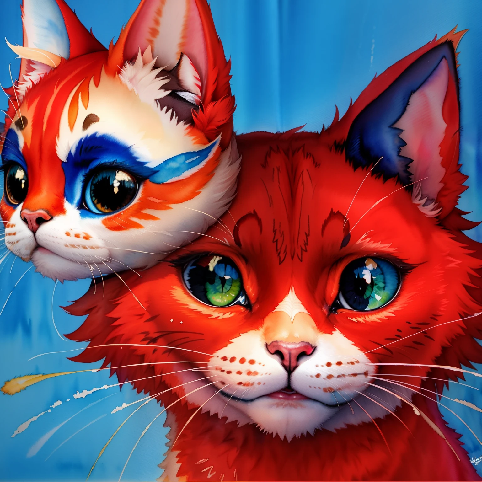 wtrcolor style, Digital art of (cat character), official art, frontal, smiling, masterpiece, Beautiful, ((watercolor)), face paint, paint splatter, intricate details. Highly detailed, detailed eyes, [dripping:0.5], RAW photo, Animal, portrait photo of [Man:Cat:2] Humanoid creatures in clothes, face, 8K  UHD, Digital SLR, Soft lighting, High quality, filmgrain, Fujifilm XT3