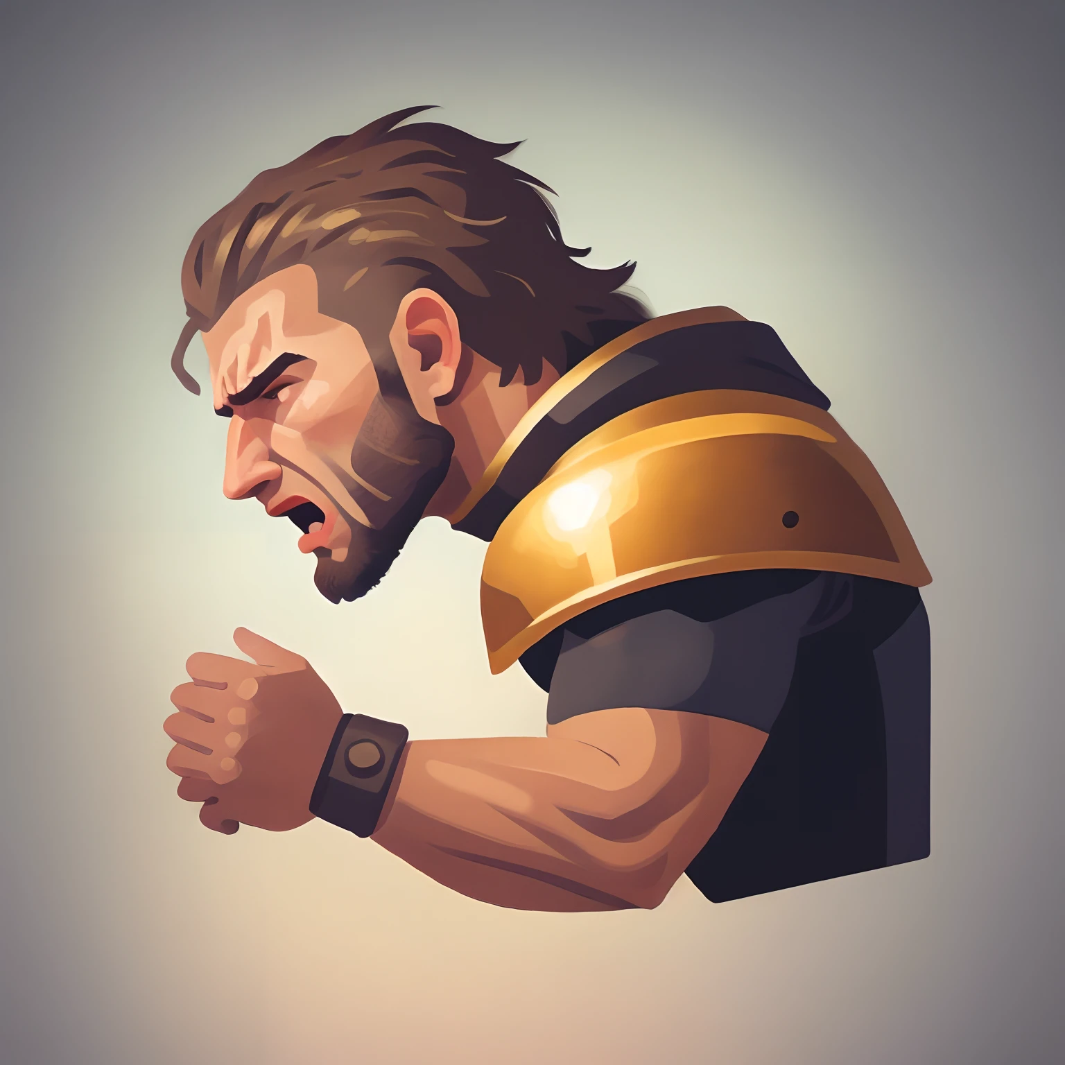 Desenhe uma imagem de um guerreiro poderoso segurando um grande machado, expressing frustration, with his head down, to be used as a profile picture on my TikTok page