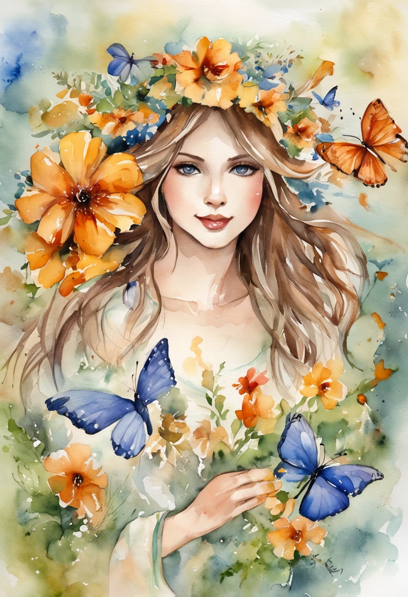 Young girl about 25 years old with blue eyes, muy bella a los pies de la tumba de su madre rodeada de flores y mariposa, with a bouquet of flowers in his hand and the image of Jesus in heaven