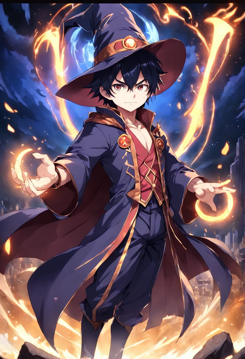 estilo anime, anime, ((mago)), ((Robes and magician's hat)), macho maduro, Tonificado, ((bruxo masculino)), 1st grade, master part, absurdos, detalhes finos, HDR, sozinho, parte superior do corpo, charming expression, ((pele escura)), Magical runes around you, magic circle in the background,