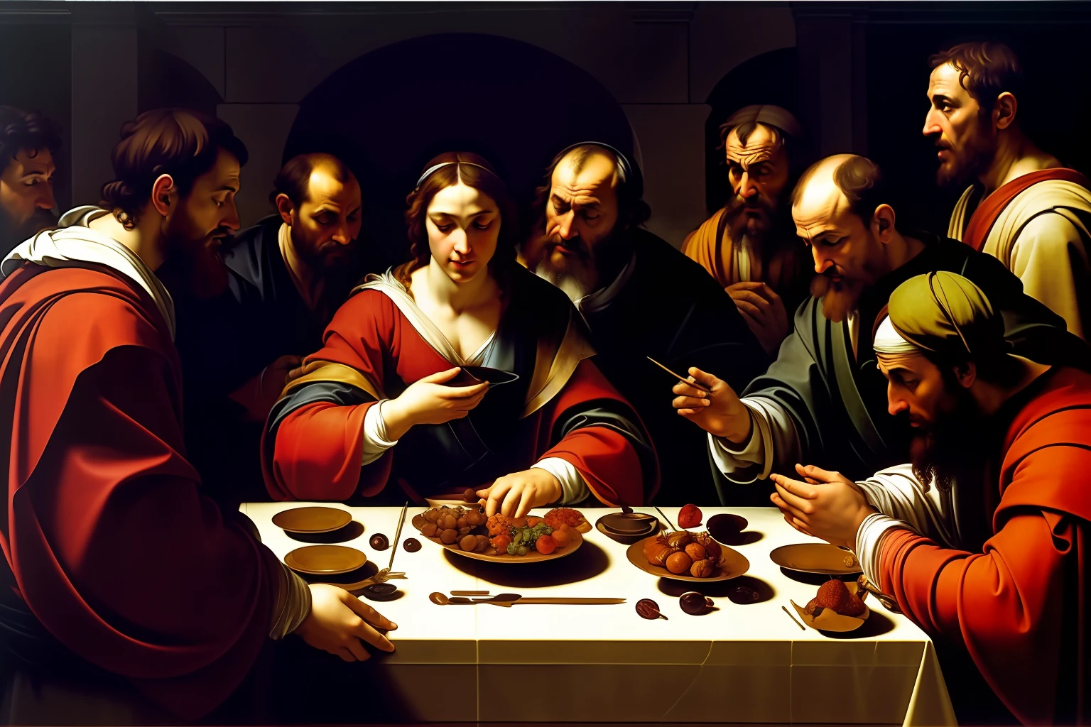 (((master part))) The Supper at Emmaus, 1601 Michelangelo Merisi da Caravaggio (1571-1610), high-resolution, Realistic, dramatic lighting, pincelada detalhada, cores ricas, intense emotions, Tema religioso.