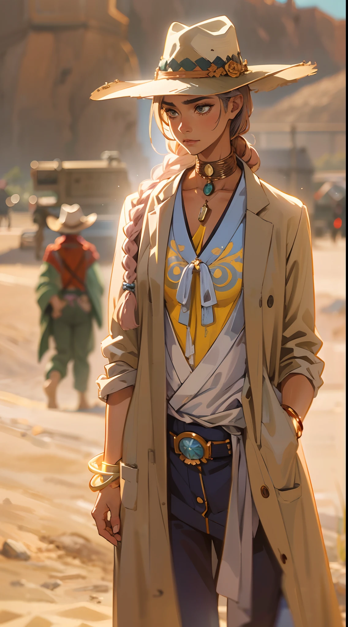 A beautiful woman wearing a cowboy hat, her rose gold hair tied in a long braid, the hat covers the upper half of her face, a slender figure, dressed in a two-piece long robe coat that blends Western suit styles, the design exposes her waist, the outfit has no sleeves, she wears an Inca civilization-inspired bracelet on her slender arms, loose coarse trousers grace her lower half, set against the backdrop of swirling sand, the character design portrays a western cowboy character with a Japanese anime design, the artwork features finely detailed character design, showcasing a mature Japanese manga artistic style, ((character concept art)), high definition, best quality, ultra-detailed, extremely delicate, anatomically correct, symmetrical face, extremely detailed eyes and face, high quality eyes, creativity, RAW photo, UHD, 32k, (Natural light, professional lighting:1.2, cinematic lighting:1.5), (anatomically correct, masterpiece:1.5)