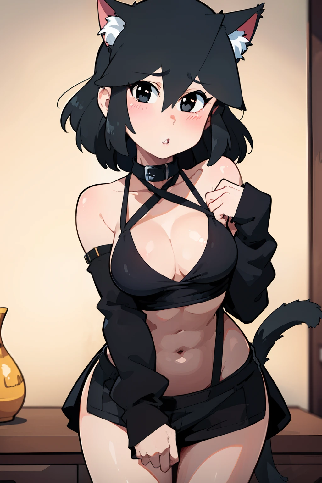 (masterpiece, best quality, ultra-detailed), 1girl, LuciaSM, black hair, black eyes, medium breasts ,looking at viewer, standing, bellow view, with clothes, ((SFW)), neckline, cat ears, cat tail, blush