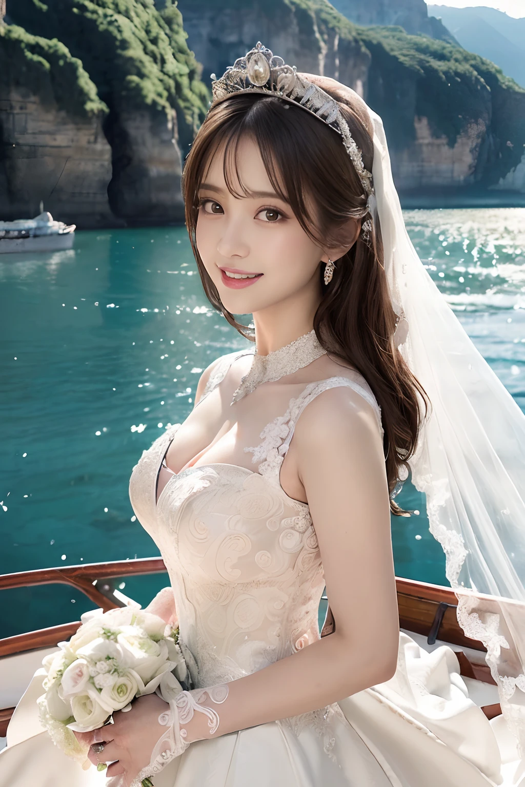 (best quality, on the table:1.2), (actual:1.3), (Super detailed background, Detailed background), Bokeh,taken from the side,  ((medium breasts)), [beautiful valley],(princess line wedding dress:1.3),(boat neck:1.5), bridal tiara, wedding veil, bridal gloves,  Upper body, Beautiful wedding venue near the sea, ager, Lovely,smiling,huge boobs，Show breasts，exposing her chest，huge breasts，Show breasts，huge ，huge breasts，exposing her chest，