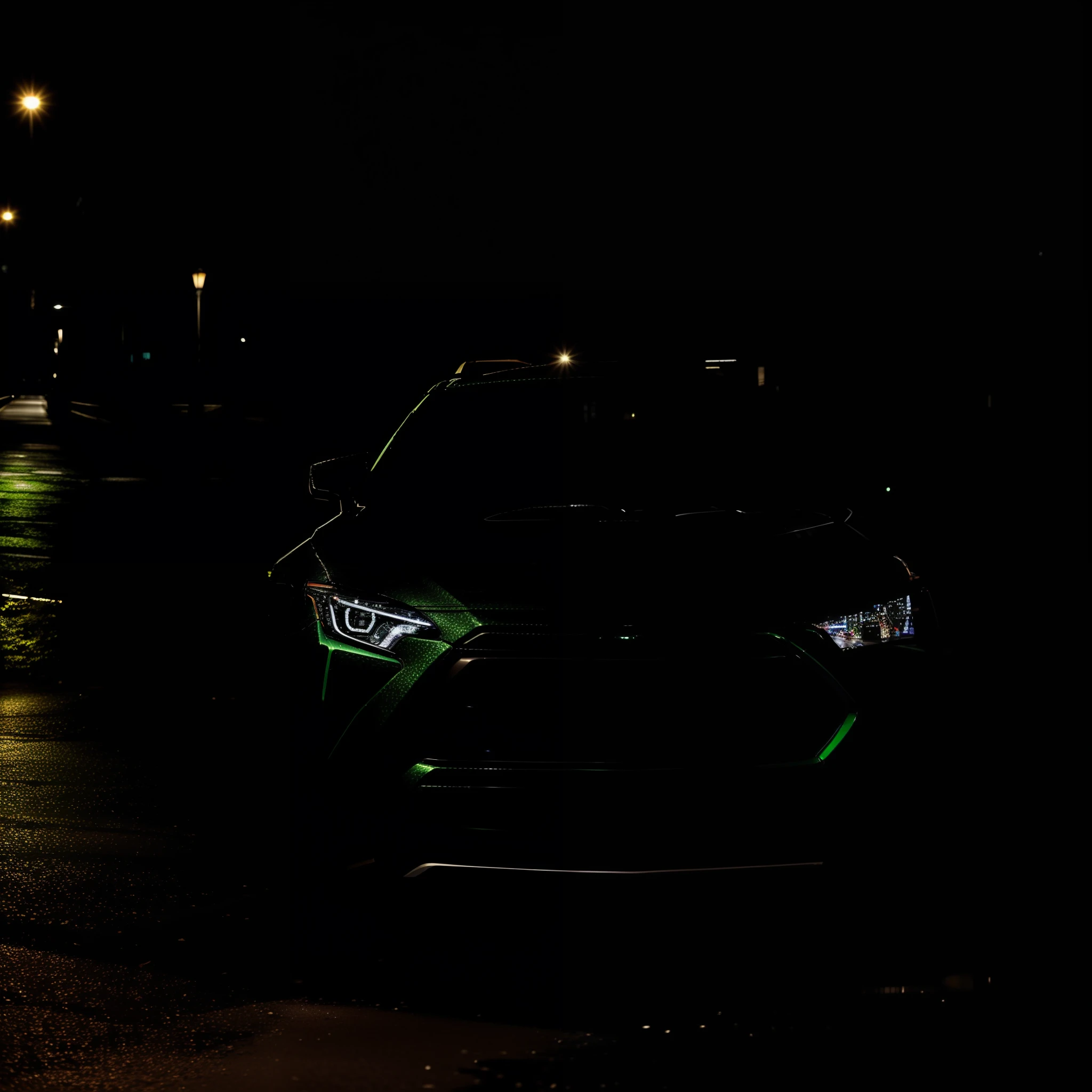 a green Toyota RAV4, parked on a street in Geneva in Switzerland , at night, so far distance shot, casual.
