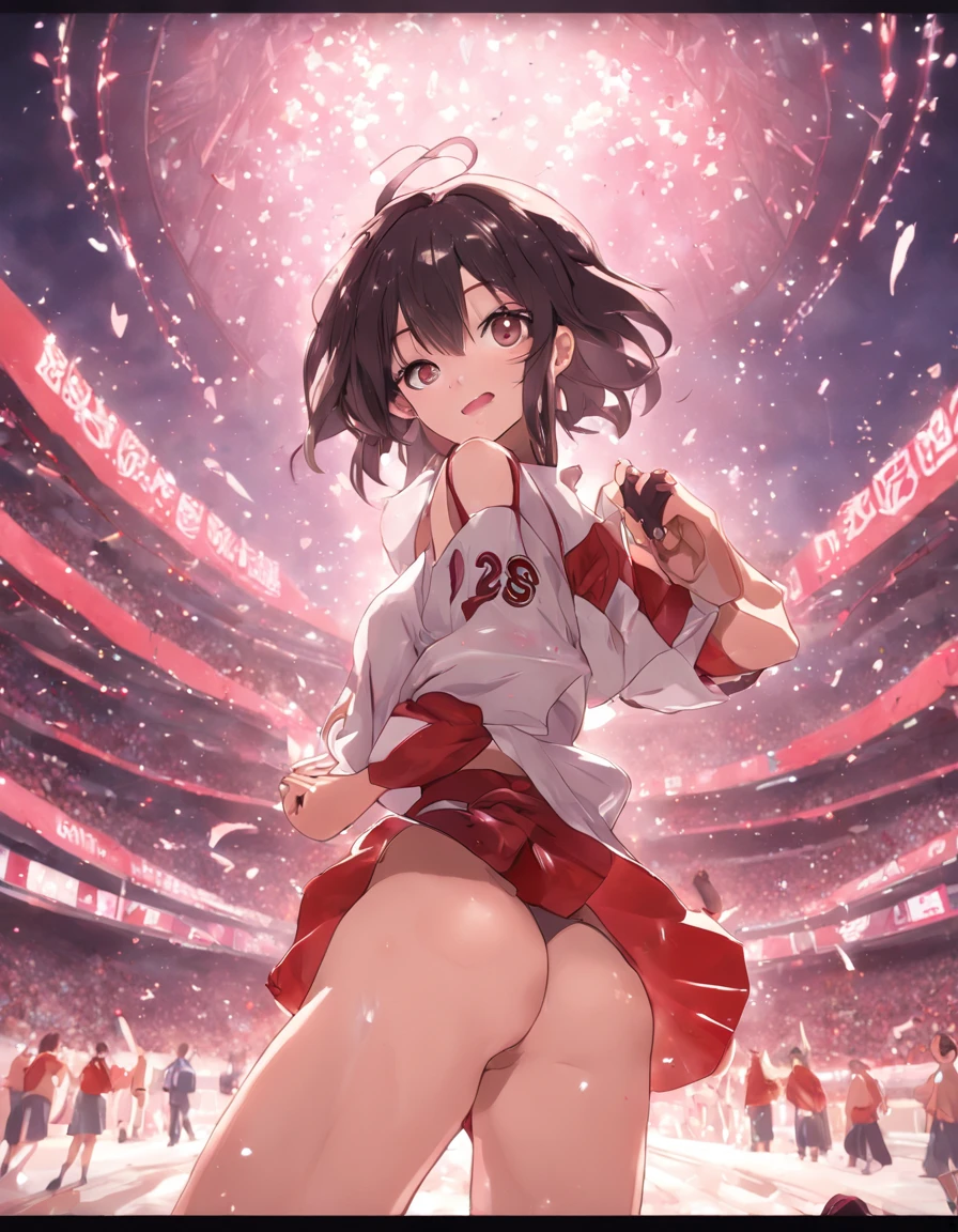 (Best Quality, 8K, 32K, masutepiece, nffsw:1.2), (1 slender woman of Japan, 28 years old, Tall gravure model), dark brown hair, Bright foreground, Professional Lighting, Photon mapping, Radio City, shading:1.3, (high-detail skin:1.2), (Huge breasts:1.3), (Shorts, exposed shoulder:1.1), squatting with legs open, ((Provocative Dynamic Poses)), (she is soaking wet), top-down view:1.5, (baseball uniform:1.1), hyperdetailed face, Detailed lips, Detailed eyes, Double eyelids, Inside the stadium, Looking Camera, (Sensual gaze on the photographer, lips slightly open), Breaking the clear sky, Baseball Stadium, The audience gets excited, Confetti flies, Happy smile,