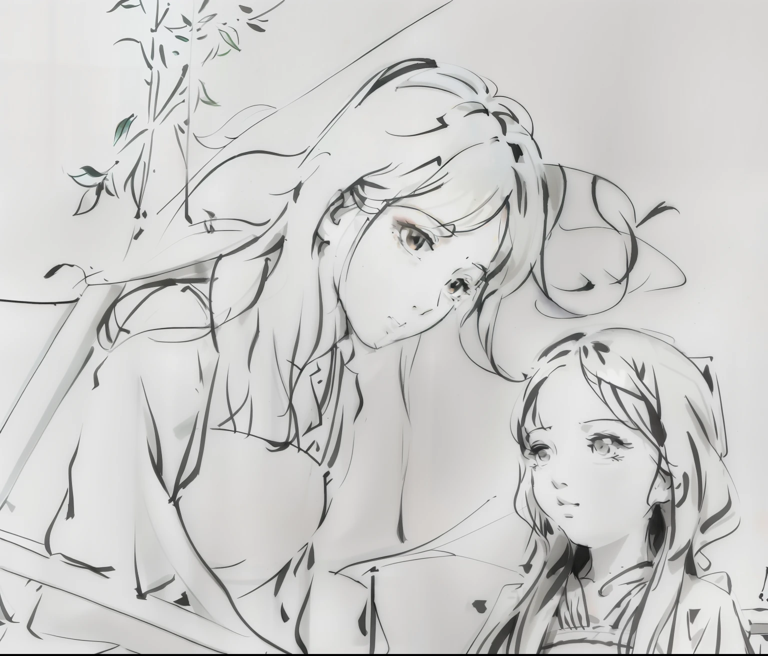 sketches of a woman and a sitting in a chair, detailed fanart, highly detailed exquisite fanart, high quality fanart, hi-res scan, hi - res scan, character art closeup, detailed penciling, line sketch, rough sketch, heavy vignette!, perfect lineart, anime sketch, fan art, faded drawing, high quality sketch, official fanart, old sketch