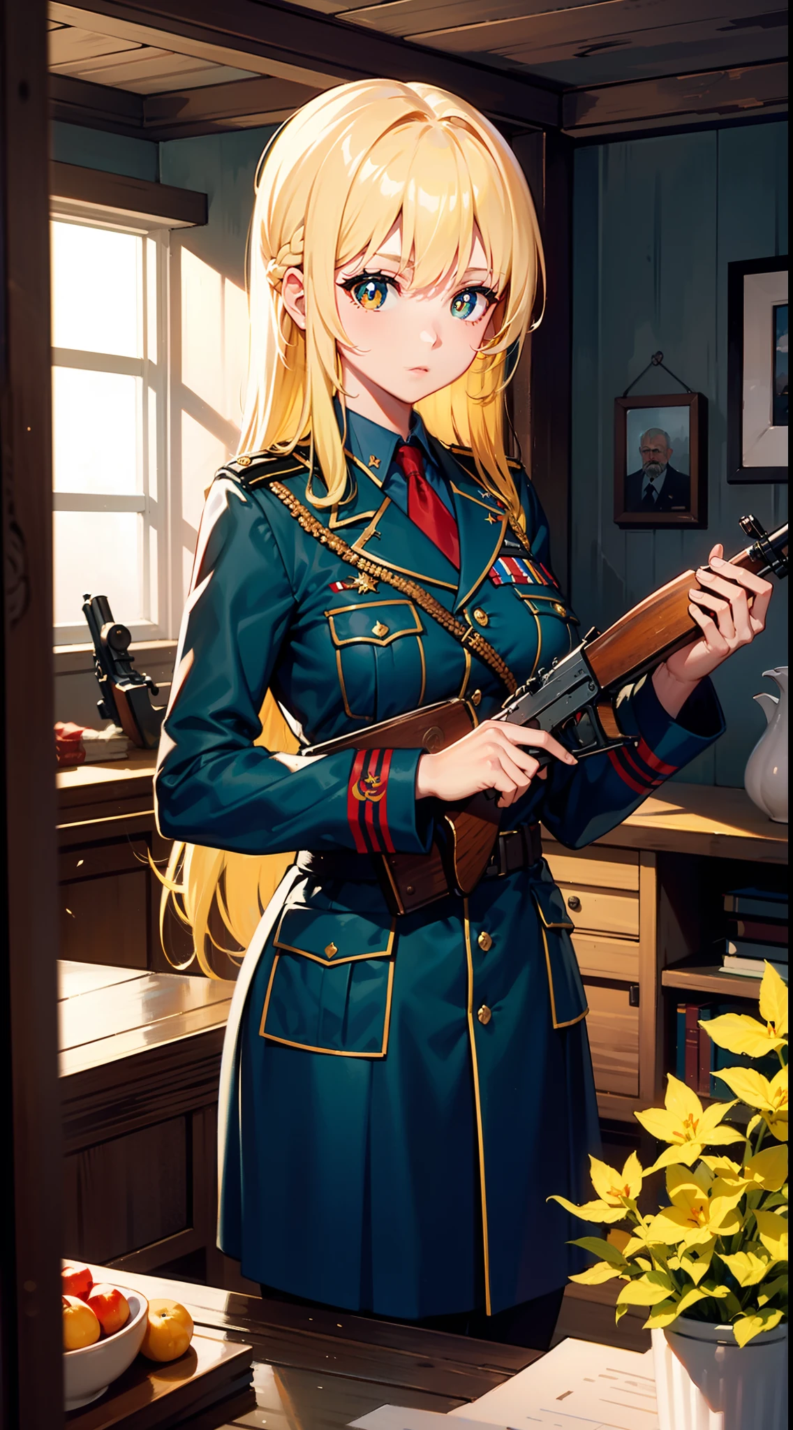 (Beautiful wallpapers)，Kizi，Yellow hair，long whitr hair，red pupils，(Siberian Socialist Republic)，New World Order，Sabrin's Wehrmacht，(Siberian background)，With a wooden rifle