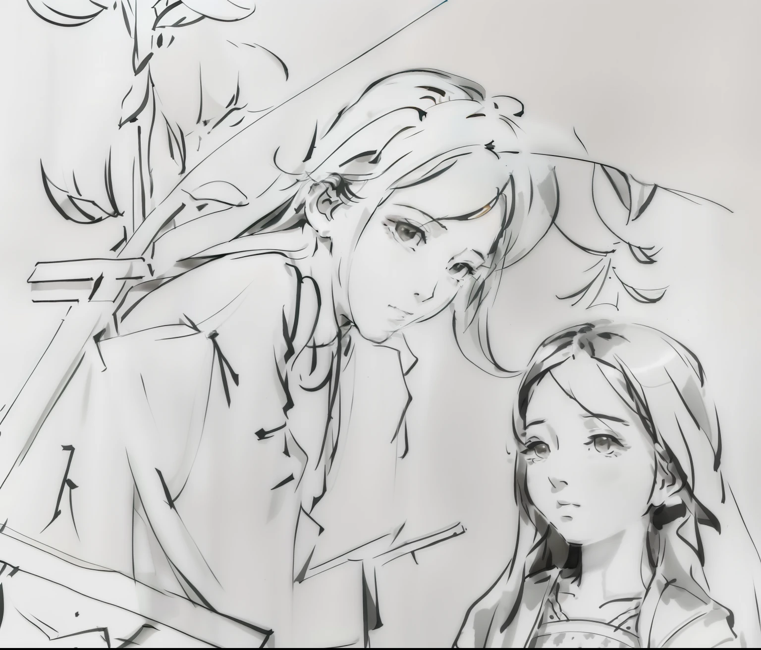 sketches of a woman and a sitting in a chair, detailed fanart, highly detailed exquisite fanart, high quality fanart, hi-res scan, hi - res scan, character art closeup, detailed penciling, line sketch, rough sketch, heavy vignette!, perfect lineart, anime sketch, fan art, faded drawing, high quality sketch, official fanart, old sketch