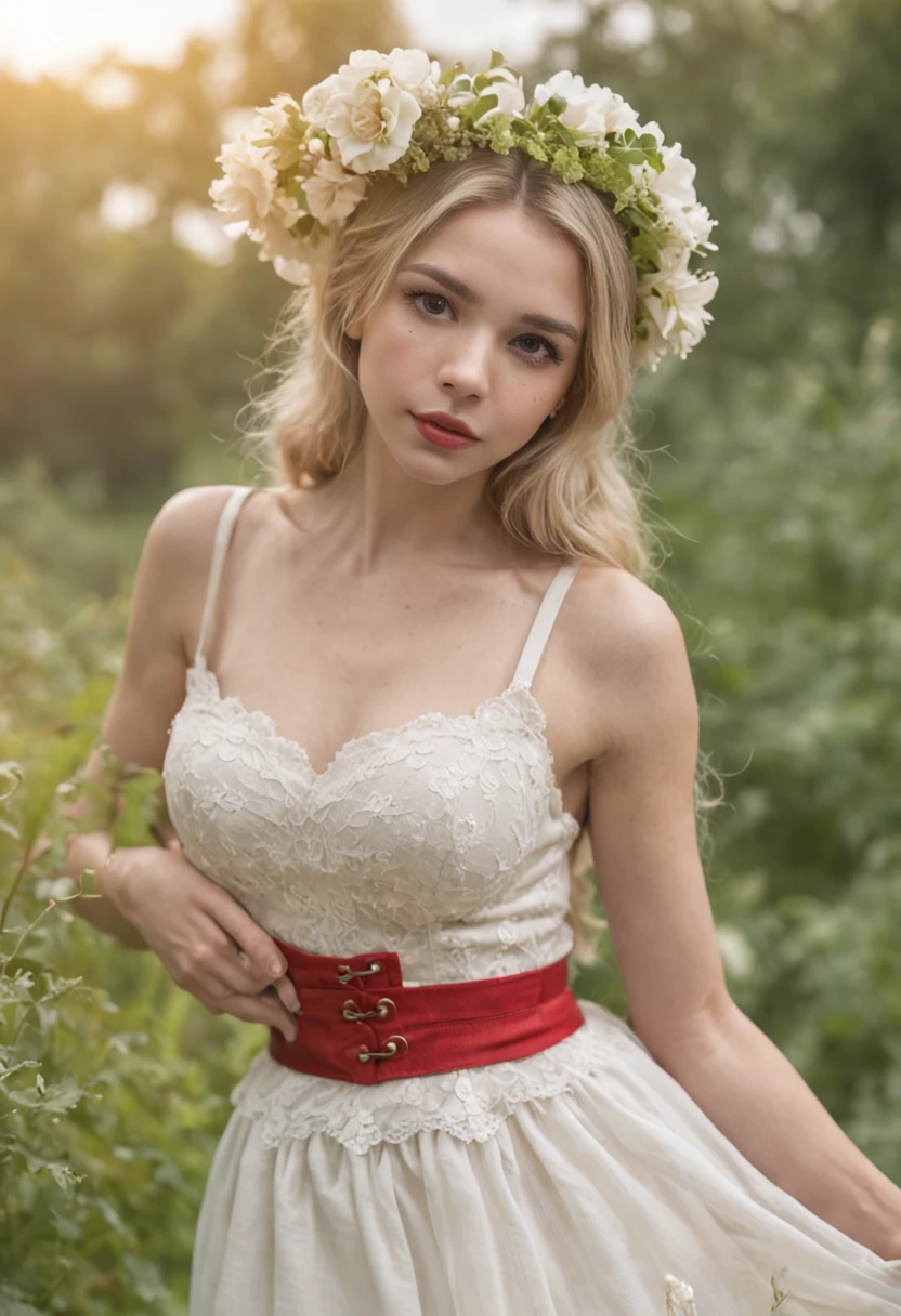 Blonde Bavarian Farmer Girl, Novia ligeramente vestida, yace en la paja, Bavarian wedding dress,piel sudorosa, Entonado, Foto de cuerpo entero, Tocado de corona floral, red lipstik, Lente de 70mm, Cabello trenzado complejo, Figura de reloj de arena, aesthetic, Symmetrical, Posando, (small areolae:1.2), atletic, afilado, piel texturizada, cuerpo Perfectoo, Cabello largo, Cara angular, Piel de gallina, 1girl, realista, Pechos de copa B, Detallado, delgado, small waist, (Dedos Perfectoos:1.2), ojos grandes, divertido, Perfecto , afeitado , photographed by a Nikon Z7 II Camera