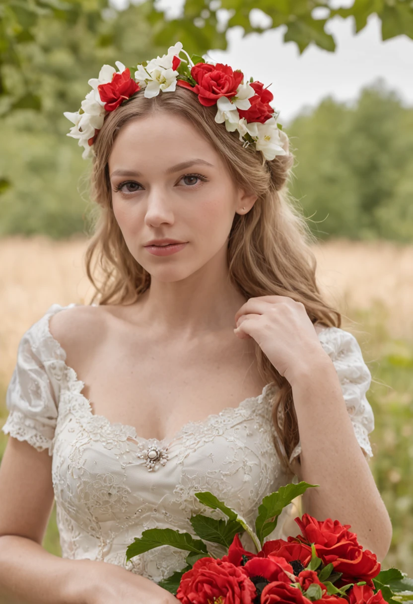 Blonde Bavarian Farmer Girl, Novia ligeramente vestida, yace en la paja, Bavarian wedding dress,piel sudorosa, Entonado, Foto de cuerpo entero, Tocado de corona floral, red lipstik, Lente de 70mm, Cabello trenzado complejo, Figura de reloj de arena, aesthetic, Symmetrical, Posando, (small areolae:1.2), atletic, afilado, piel texturizada, cuerpo Perfectoo, Cabello largo, Cara angular, Piel de gallina, 1girl, realista, Pechos de copa B, Detallado, delgado, small waist, (Dedos Perfectoos:1.2), ojos grandes, divertido, Perfecto , afeitado , photographed by a Nikon Z7 II Camera