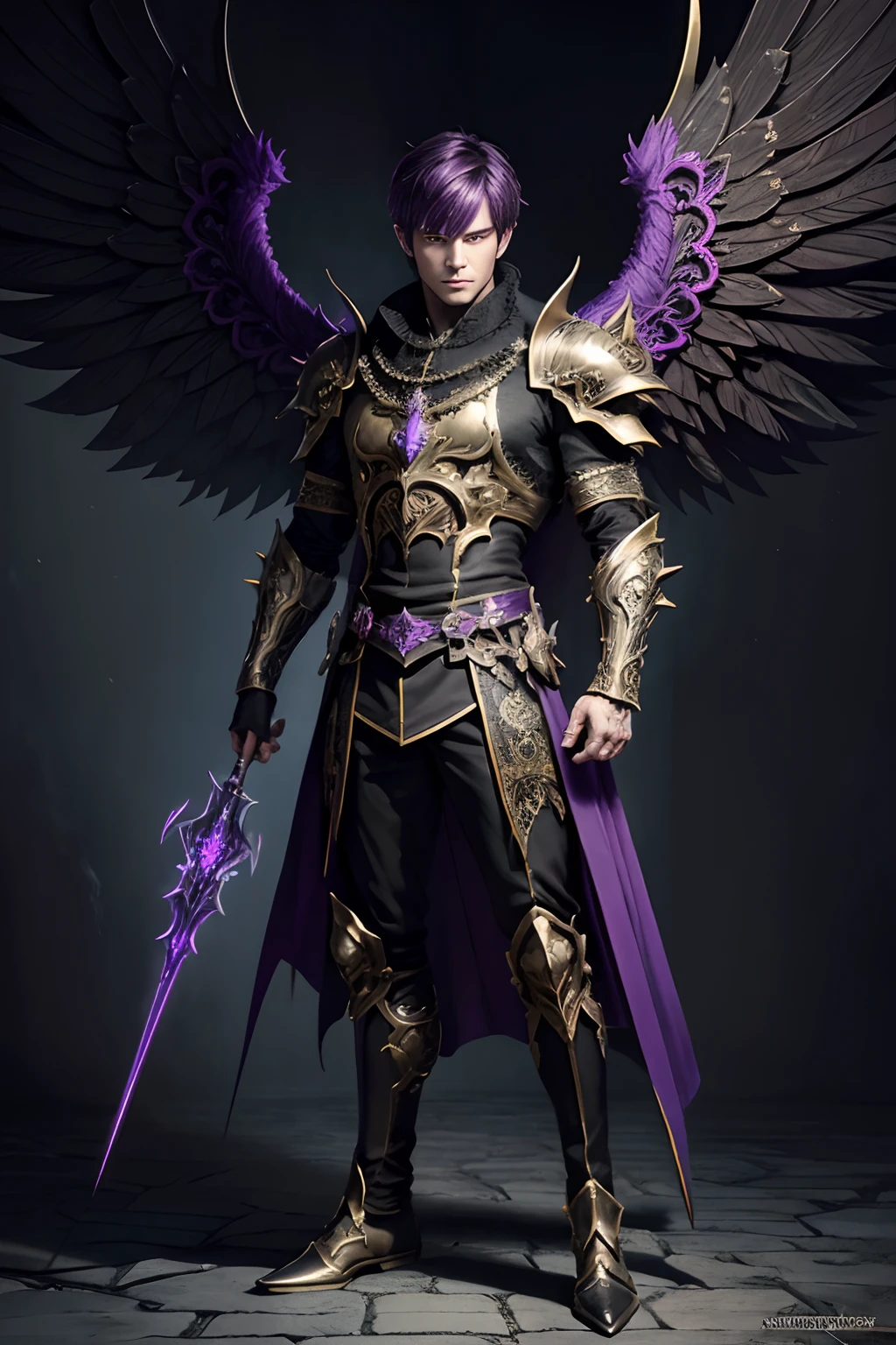 8K,Photorealsitic　Raw photography　top-quality;1.4) 　(1 Adult eagle male)　Personification of a super handsome eagle　(Lifelike face)　Personification of the eagle　Personification of the eagle　Black and purple exterior　Black and purple trousers　Golden decoration　Beautiful expression　超A high resolution　A smile　Precise details　Realistic coat　wings grow from the back　Equip the sword on the waist