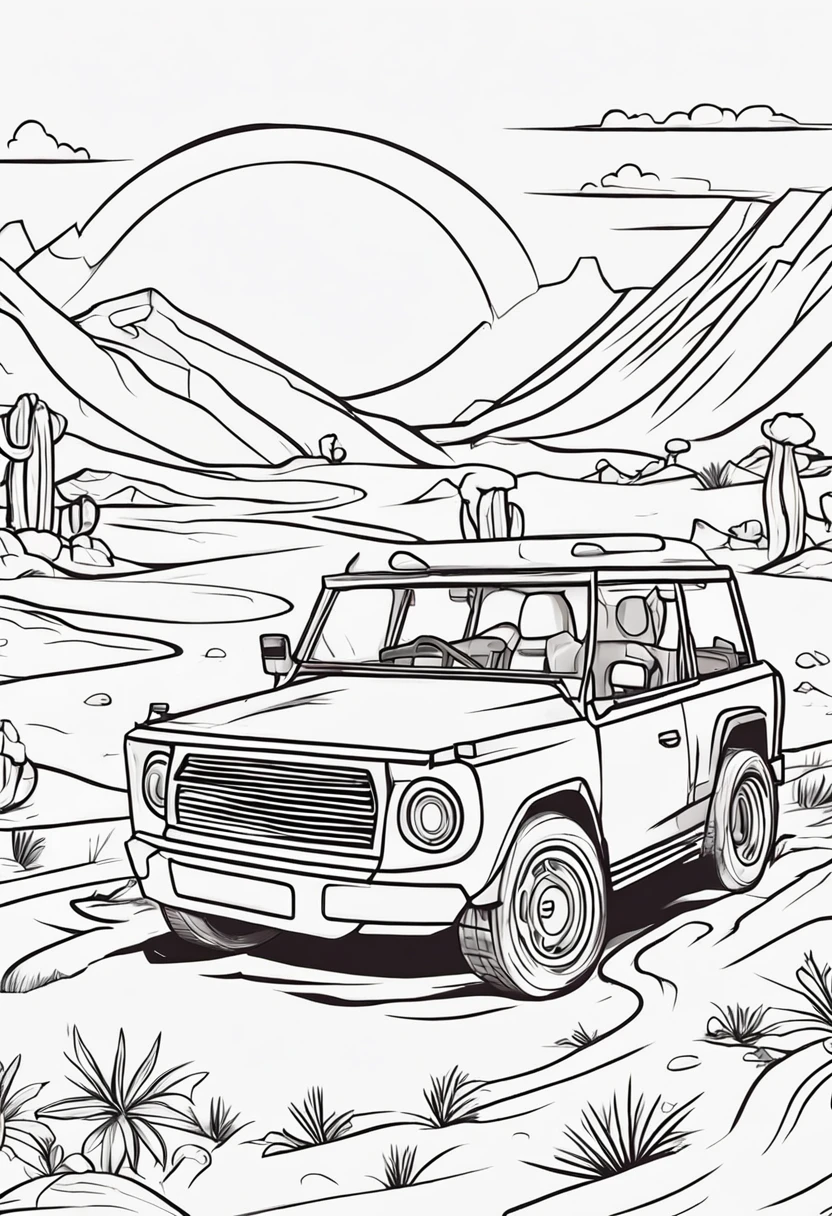 coloring book of an car in the desert, cartoon style, thick lines, no color, white background, strokes only