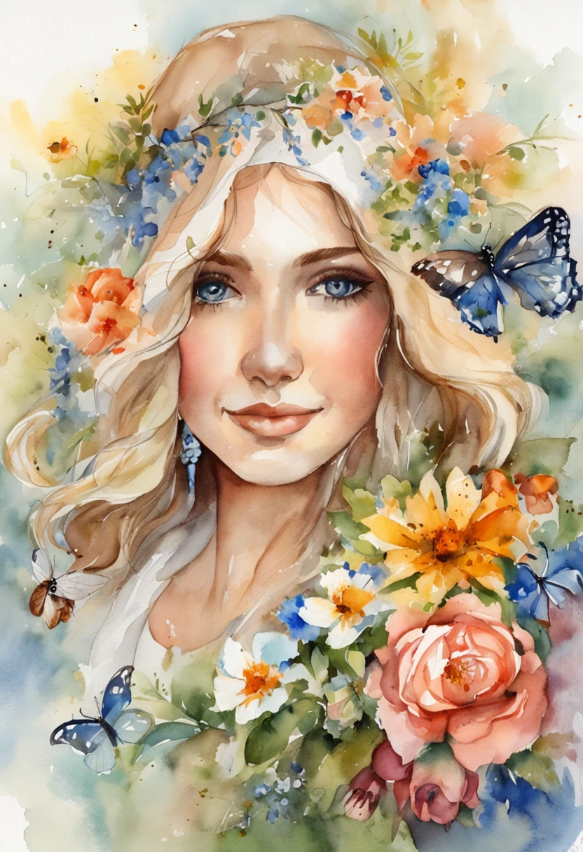 Young girl about 25 years old with blue eyes, muy bella a los pies de la tumba de su madre rodeada de flores y mariposa, with a bouquet of flowers in his hand and the image of Jesus in heaven