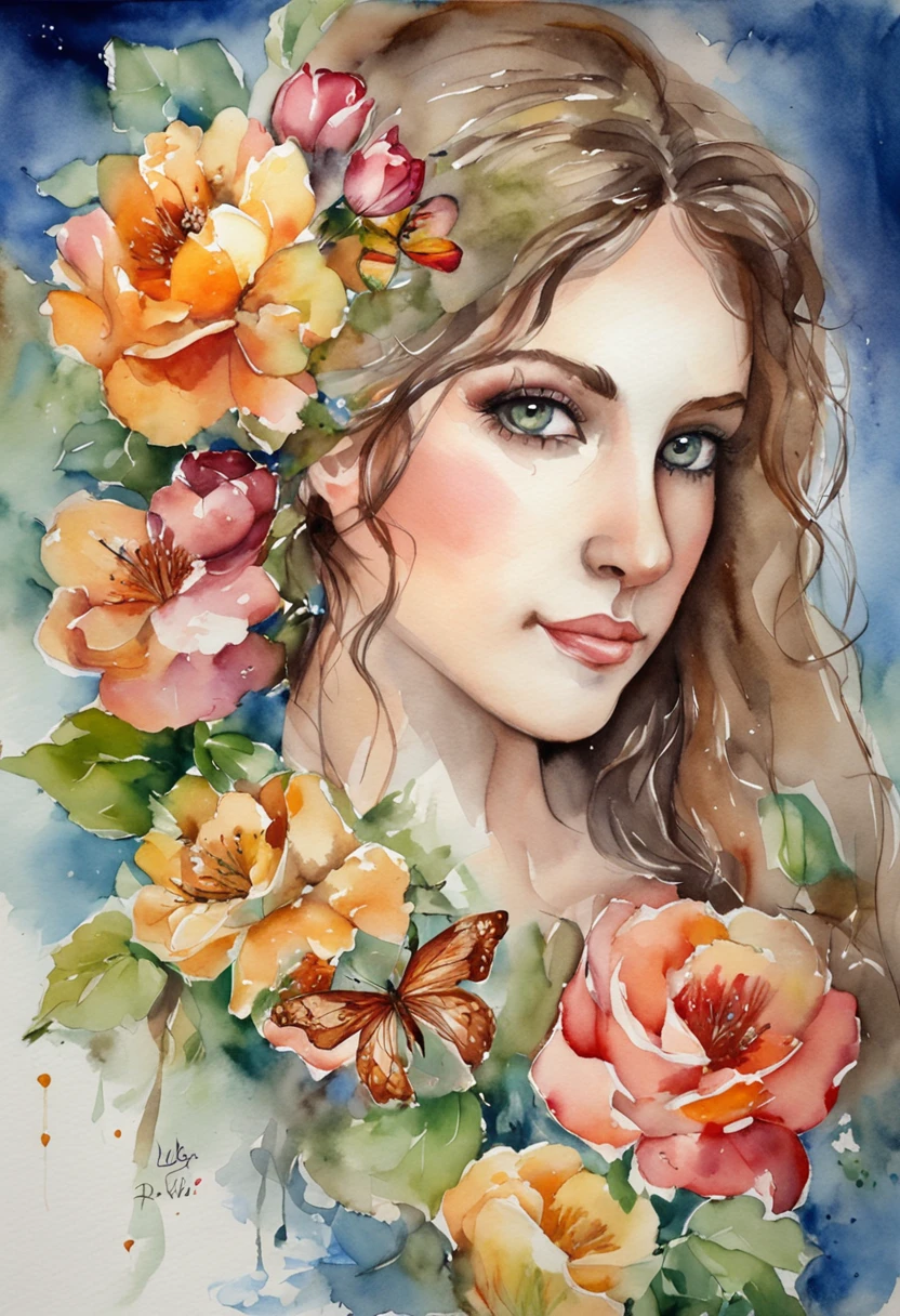 Young girl about 25 years old with blue eyes, muy bella a los pies de la tumba de su madre rodeada de flores y mariposa, with a bouquet of flowers in his hand and the image of Jesus in heaven