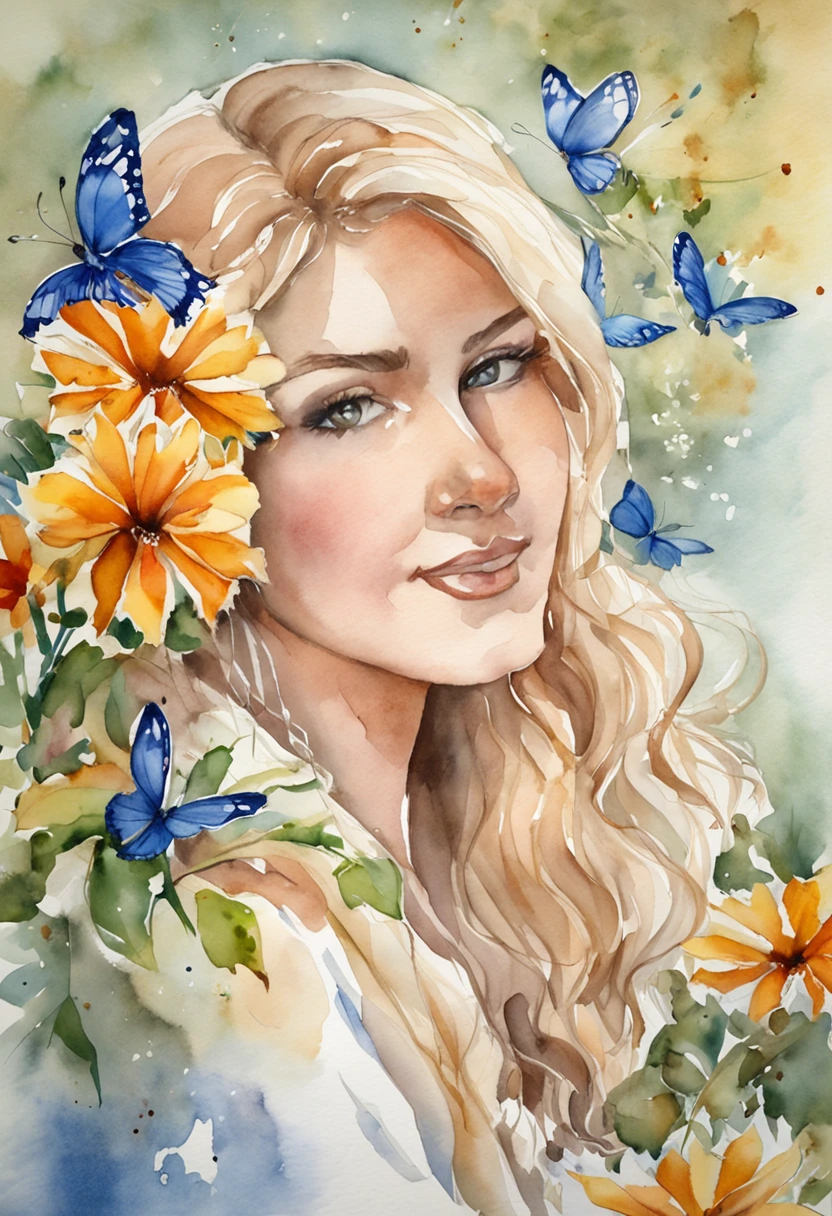Young girl about 25 years old with blue eyes, muy bella a los pies de la tumba de su madre rodeada de flores y mariposa, with a bouquet of flowers in his hand and the image of Jesus in heaven
