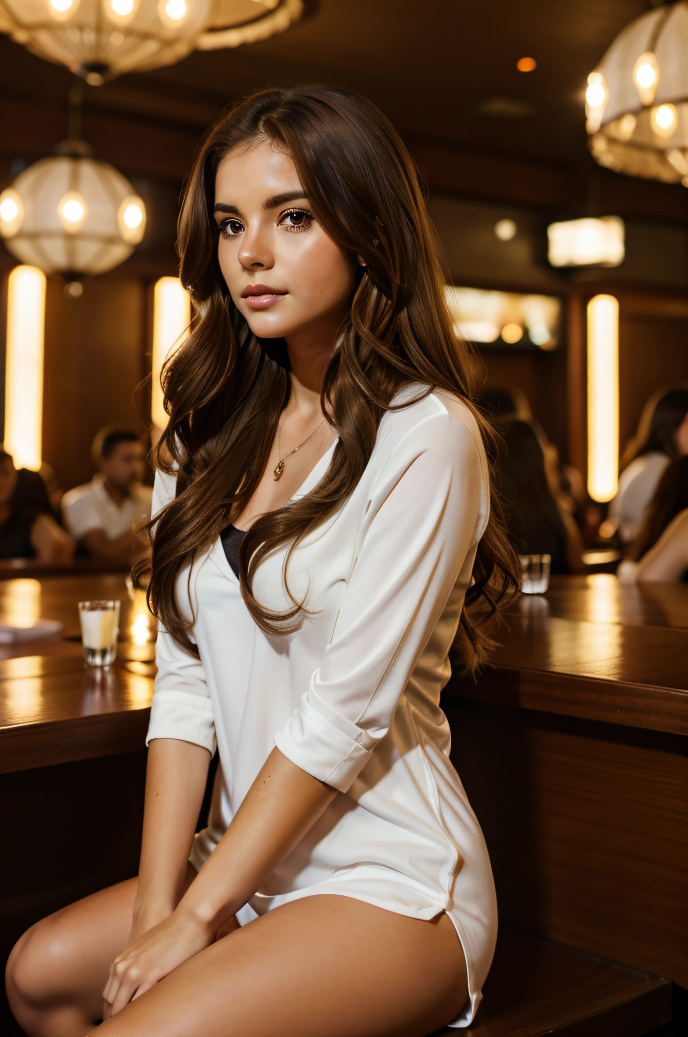 Brown Hair Color, White Latina woman, long hair curled, Sitting in night club, Looking away from camera, Relaxed pose, Summer, night outfit, 8K, high detail