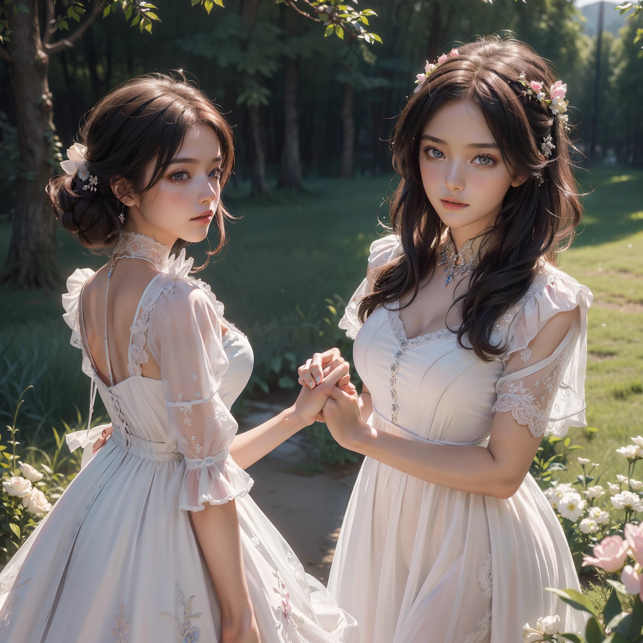 masterpiece), (best quality), ((ultra-detailed)), (hyperrealistic), (highly detailed photo), cinematic lighting, photorealistic, extremely beautiful young lady in European countryside, intricate detailed pink and white dress, shining, gloss, crisp, flirty, epic, focus, high contrast, artistic