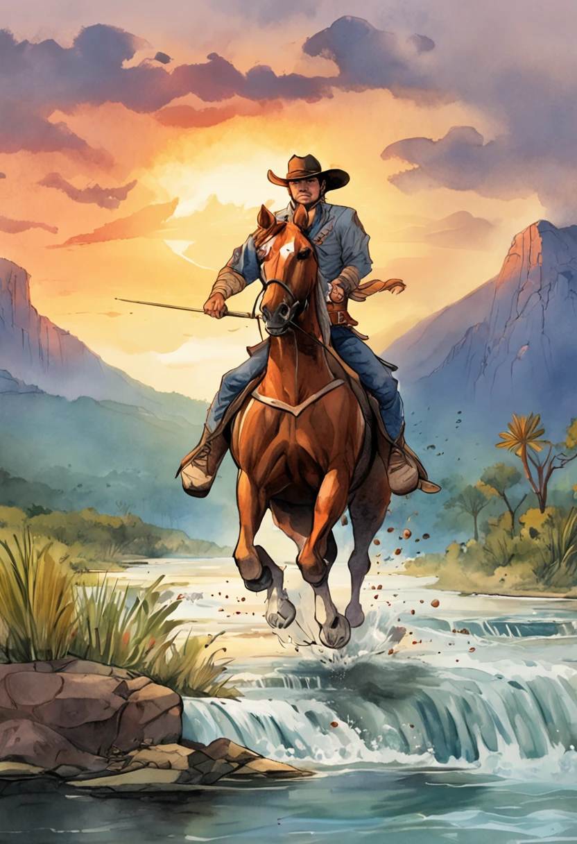 a closeup of a man riding a horse in a river, cavalry, Giga Chad Capaybara, the front of a trading card, 🐎🍑, Cover photo, Cover of a new video game, Director: Giorgio Cavallon, Director: Matt Cavotta , box art, Director: Ellen Gallagher, game cover, Style Jean Giraud, Mexican Vaquero