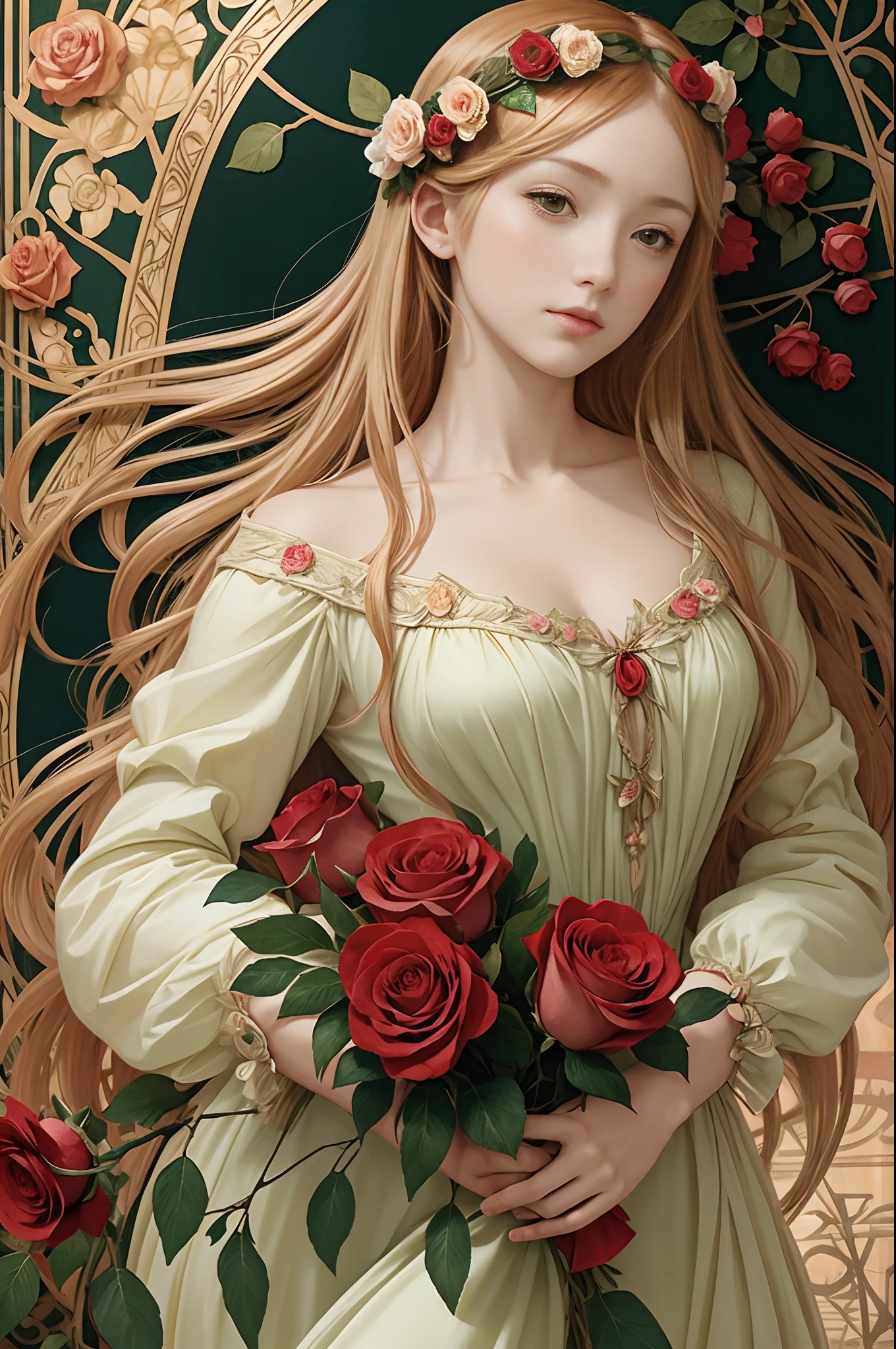 anime girl as a Botticelli model, red 
 roses, leaves, flowers, fruits, Alfons Mucha style  of clothing