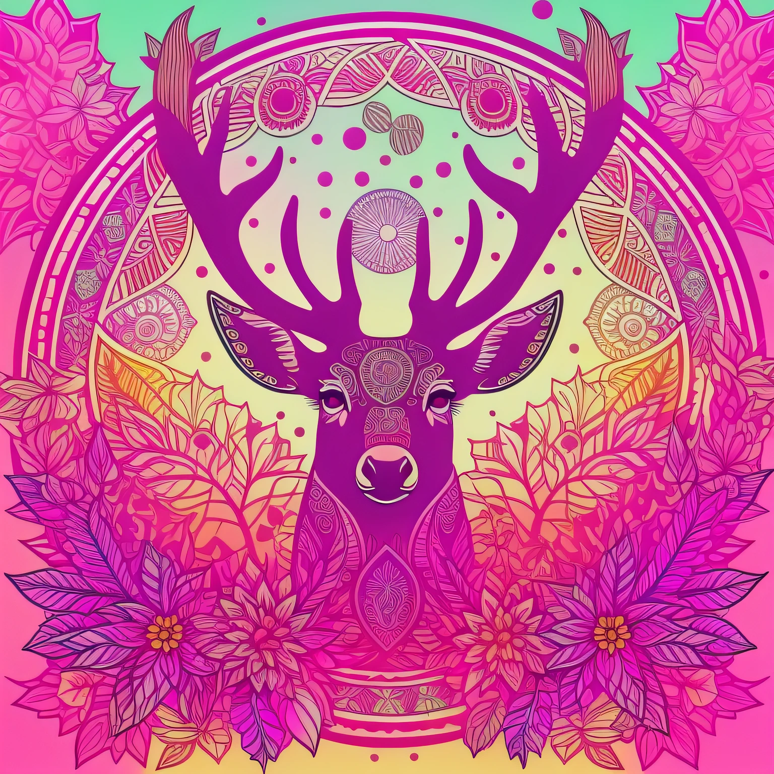 Ezo deer２bolt、Kind face、Lashes long、vector art, psychedelic、EZO Deer logo、Deer line art logo、Colored leaves、cherry trees、naturey、the setting sun, sunset、Full of life，hightquality、mandala(mandalas)、psychedelic aesthetic、3 colour, simple 、It features a simple、Living Together、coexistence、placid