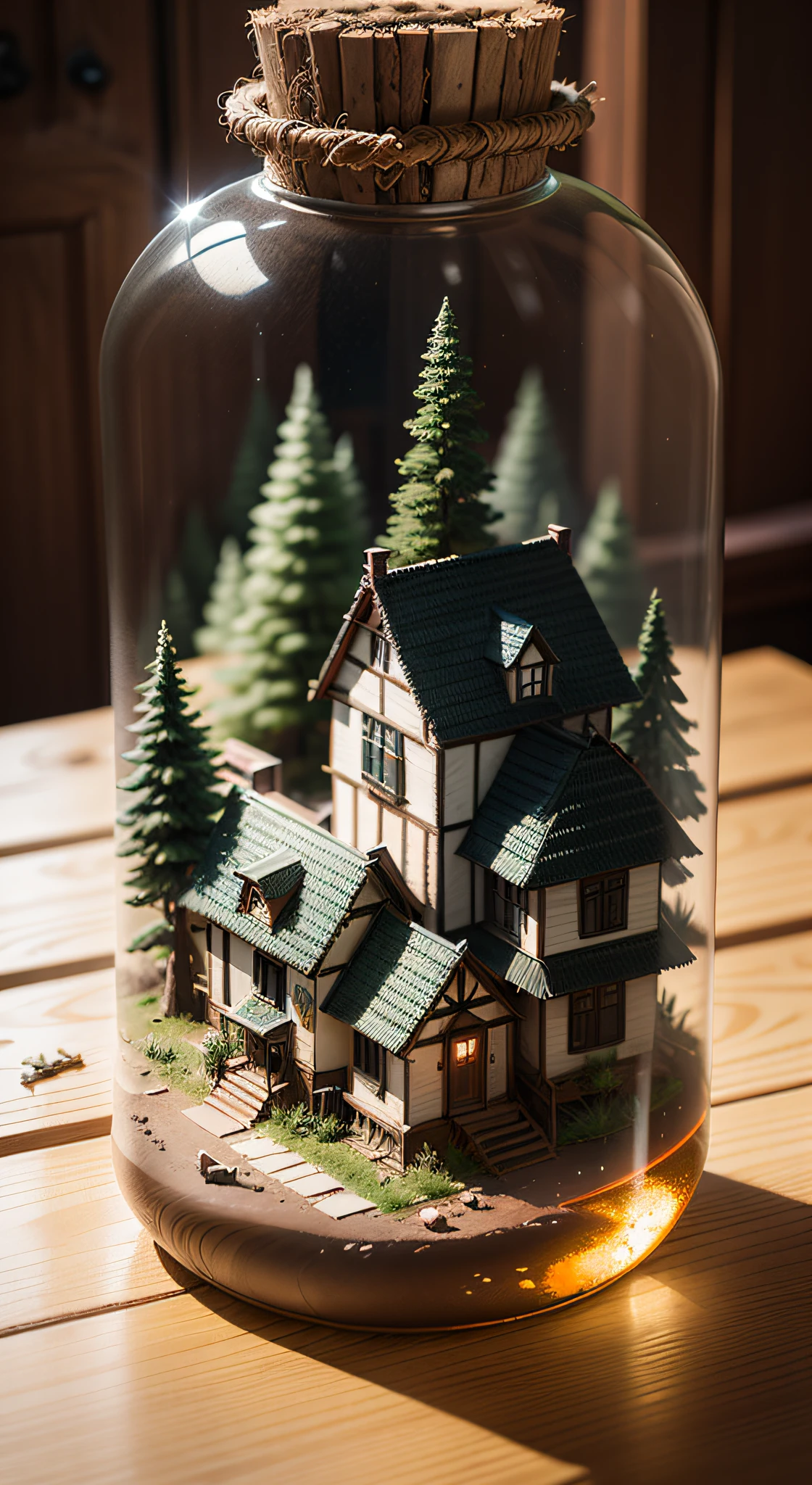 (Concept Art), (Intricate Forest Mini Town, Village, Landscape Trapped in a Bottle), Biome, Thick Glass, Weathered, Atmospheric Oliva Lighting, On the Table, 4k UHD, Dark Resonance, Ultra Detailed, Vivid Colors, Epic Composition, Octane Rendering, Sharp Focus, Detailed, Complex, (Reflection, Refraction, Caustic: 0.6), (High Resolution Isometric), 8K, HDR, Realistic: 1.4