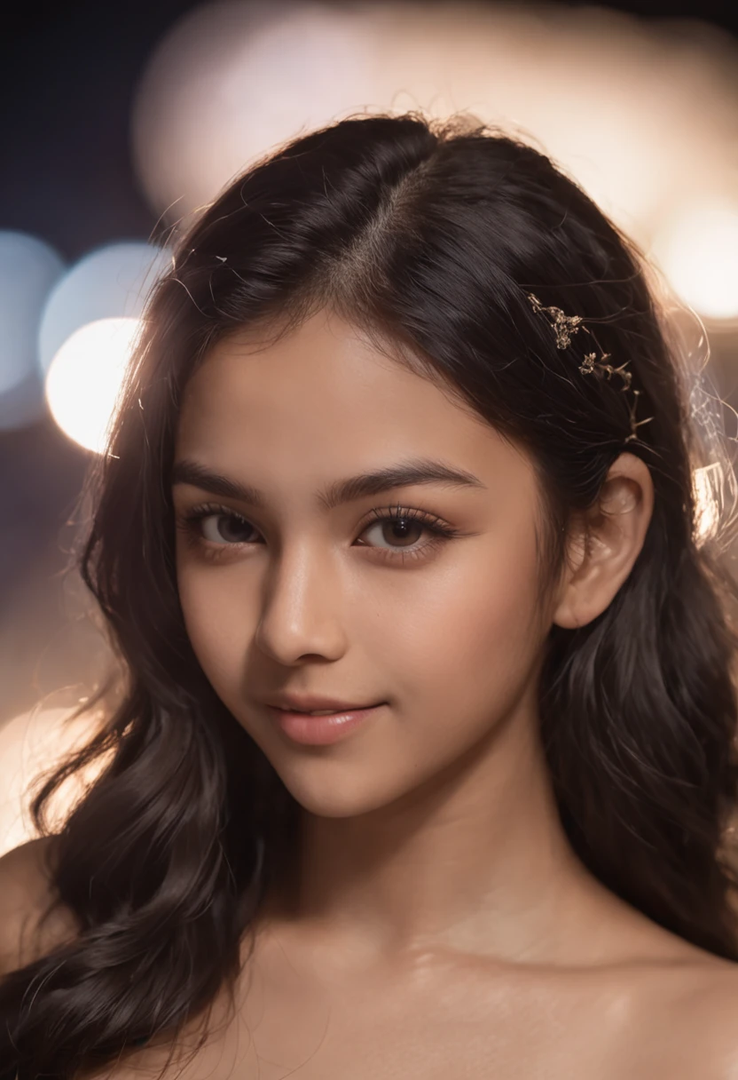 a sri Lankan girl,night scene, close up photo of a sexy naked girl,18 years old, posing, look at a camera and smile, black curly hair, (brown eyes:0.8), cute young face, 18 yo, soft volumetric lights, (backlit:1.3), (cinematic:1.3), intricate details, (ArtStation:1.2)