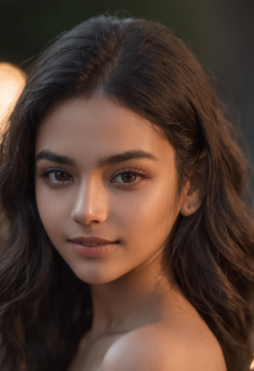 a Indian girl,night scene, close up photo of a y nakrl,18 years old, posing, look at a camera and smile, black curly hair, (brown eyes:0.8), cute young face, 18 yo, soft volumetric lights, (backlit:1.3), (cinematic:1.3), intricate details, (ArtStation:1.2)