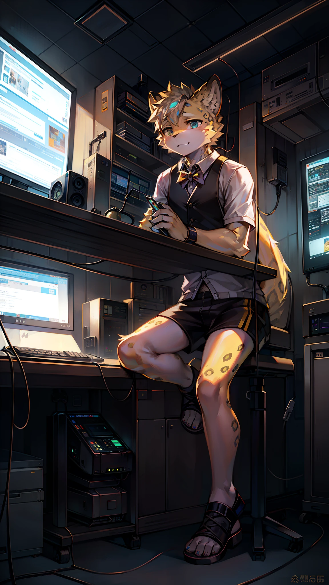 Golden hi-fi mechanical Leopard，Wear white vest，Black  shorts，sandals。electrical wires，Electric currents，Computer，Lie on the charger