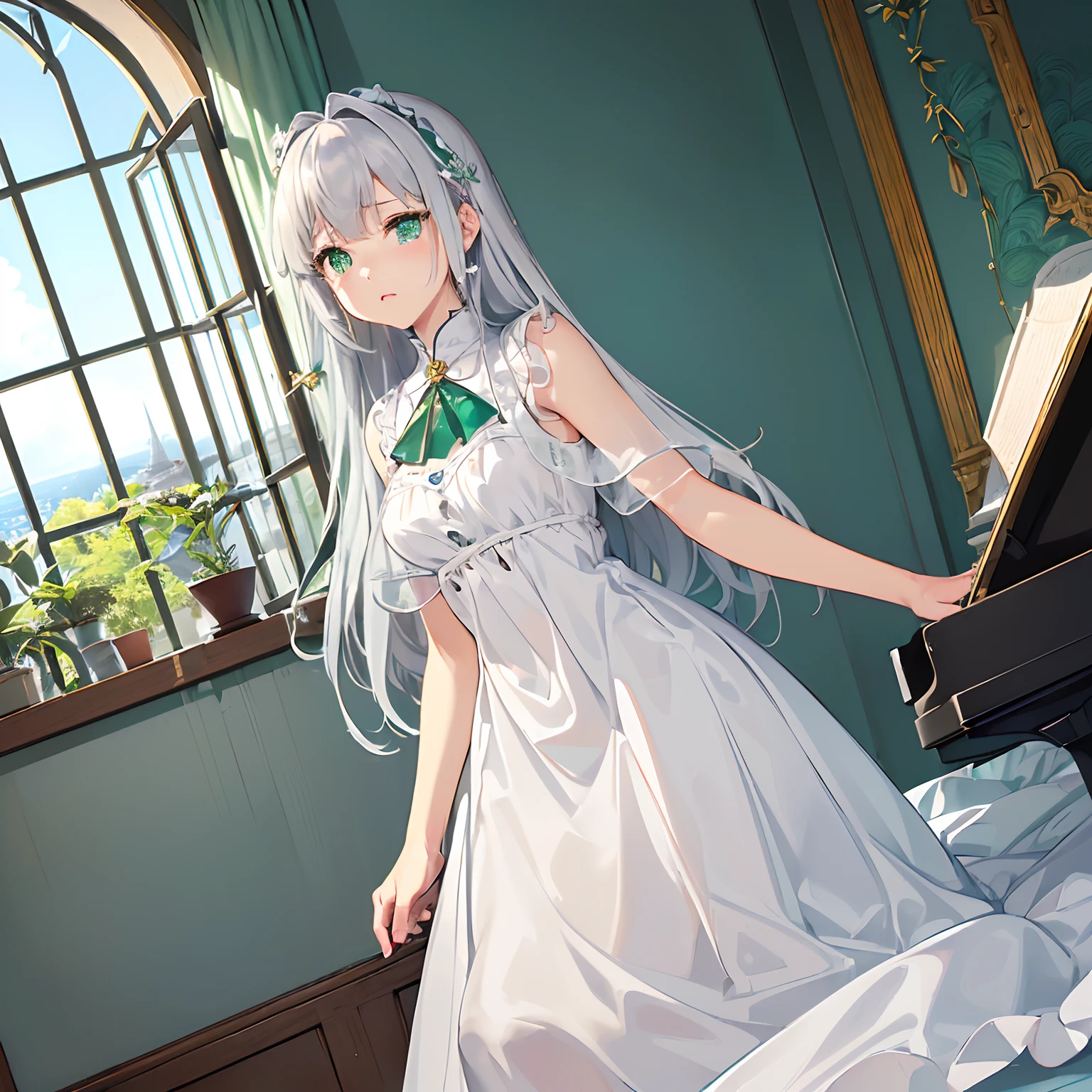 ​masterpiece、top-quality、High-quality images、8K、　　((Background with、Accurate perspective、line-drawing、Contour extraction、colourfull、Moderate shading、Medium omission:1.4))　((Ana's Bedroom、Stylish bay window with sea view、Very bright lighting、On the wall４Photo、a bed、typical:1.3))((Music room at home with sea view、Piano instruction、lesson、Started training world-class pianists:1.4))　announcer((anastasia、Graduated from the piano department of the College of Music、Piano Teacher、The goal is to train famous pianists、Good friends with students、Has the ability to manipulate the darkness of the mind at will、Have the ability to hear Leos' voices、When Leo is not present, You can sleep whenever you want.、pure、with light glowing、Little crybaby、Semi-long silver hair、Emerald green eyes、Slimed、Balanced proportions、Fashionable dresses selected in the costume room、Room makeover、lecture、Leo Advocacy:1.5))、　　　　　　I am Leo、Yeah、Thank you、Ana got some sleep, too.、pure、I'll come、bye-bye