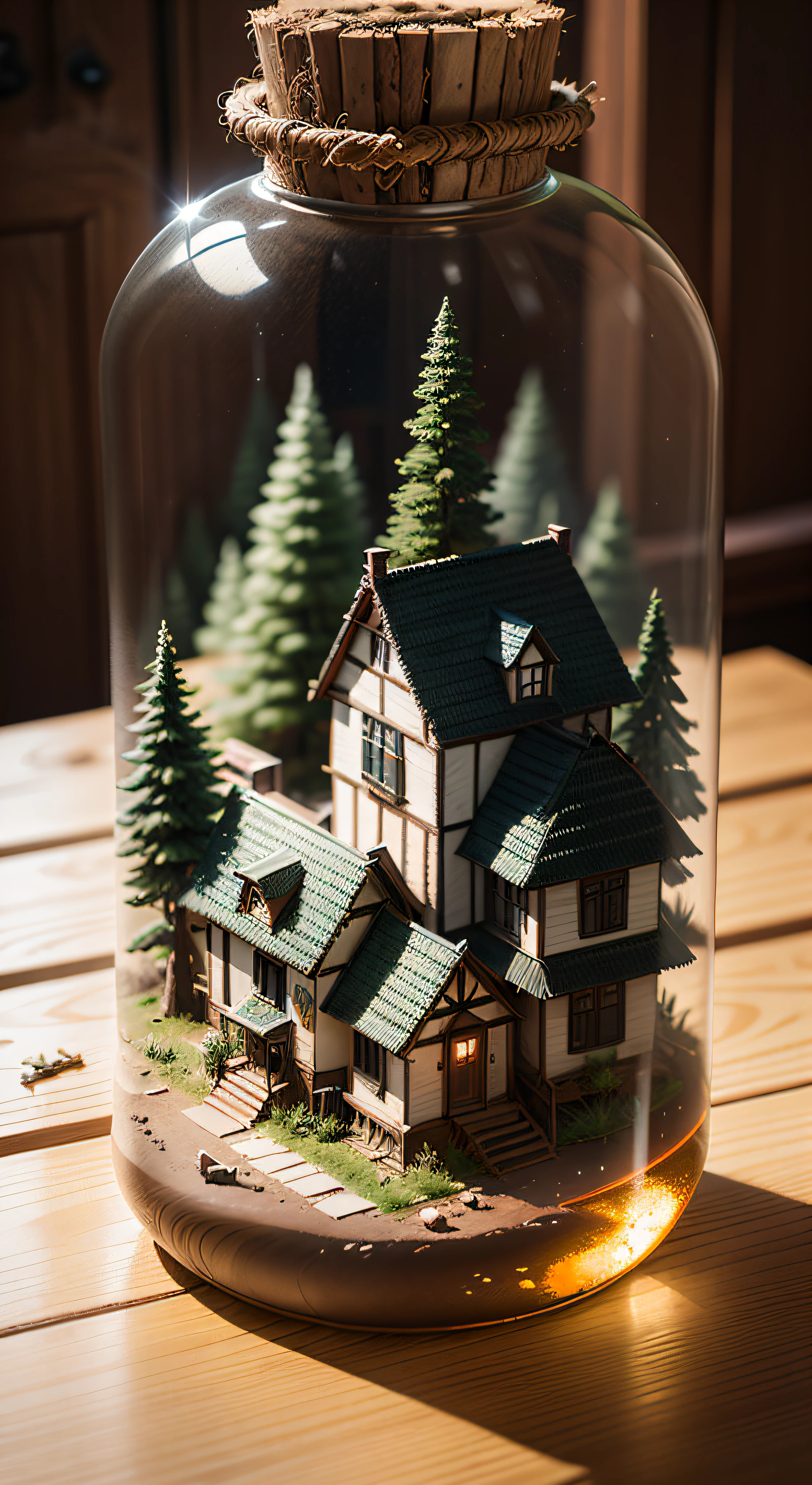 (Concept Art), (Intricate Forest Mini Town, Village, Landscape Trapped in a Bottle), Biome, Thick Glass, Weathered, Atmospheric Oliva Lighting, On the Table, 4k UHD, Dark Resonance, Ultra Detailed, Vivid Colors, Epic Composition, Octane Rendering, Sharp Focus, Detailed, Complex, (Reflection, Refraction, Caustic: 0.6), (High Resolution Isometric), 8K, HDR, Realistic: 1.4