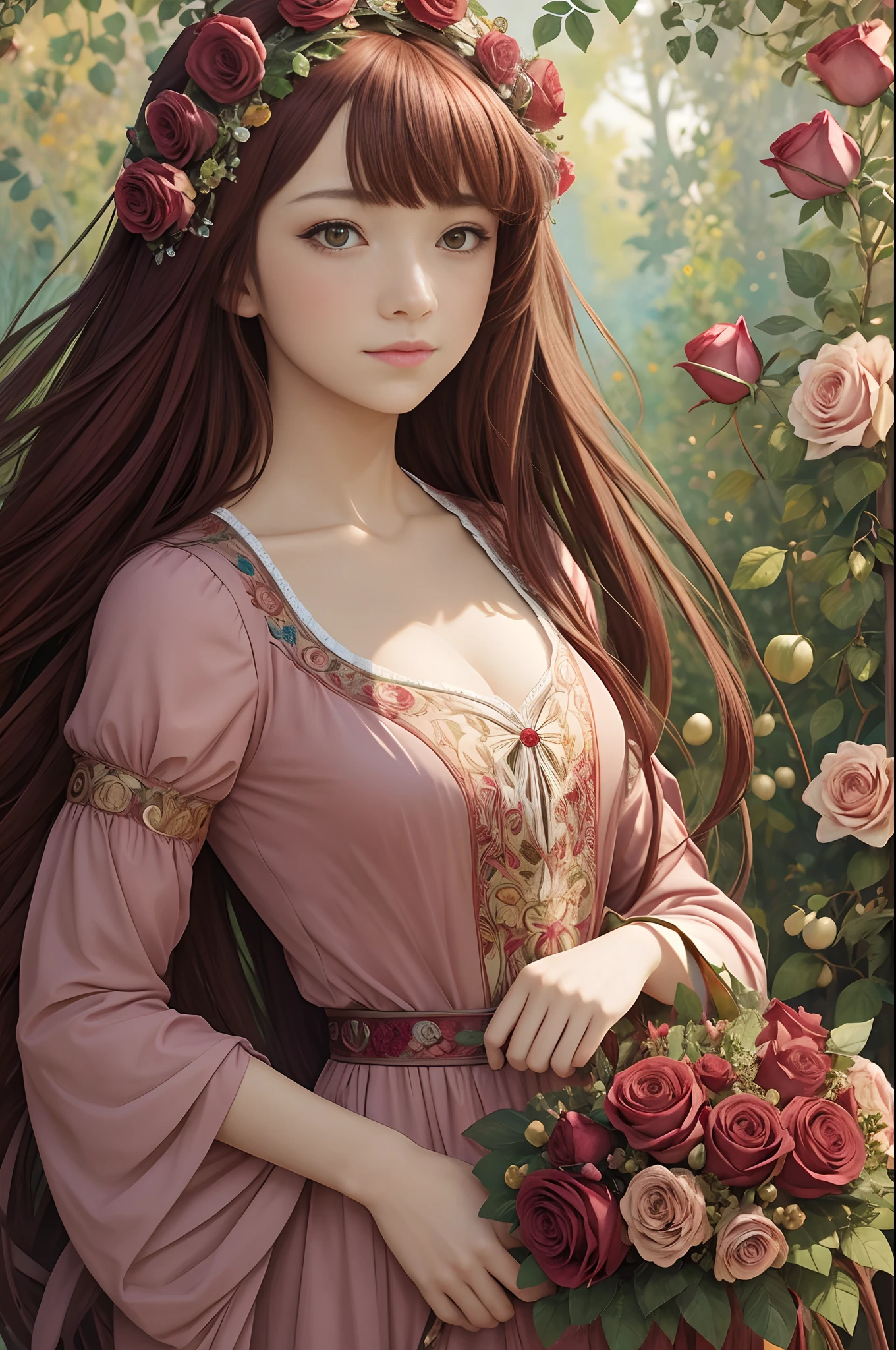 anime girl as a Botticelli model, burgundy roses, leaves, flowers, fruits, Alfons Mucha style  of clothing