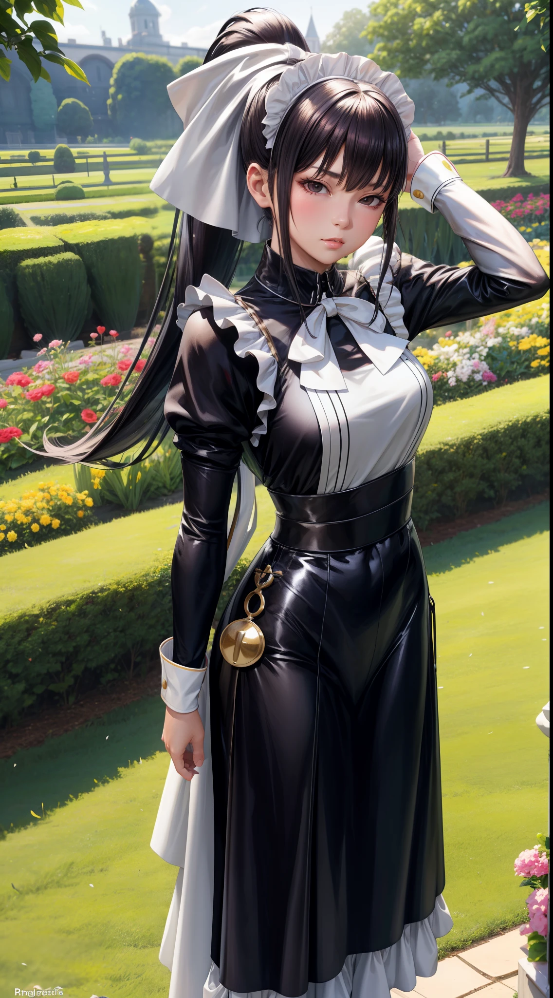 realistic, 1girl, long black ponytail hair, black eyes, maid outfit, standing pose, garden background, hair ornament, perfect limbs,