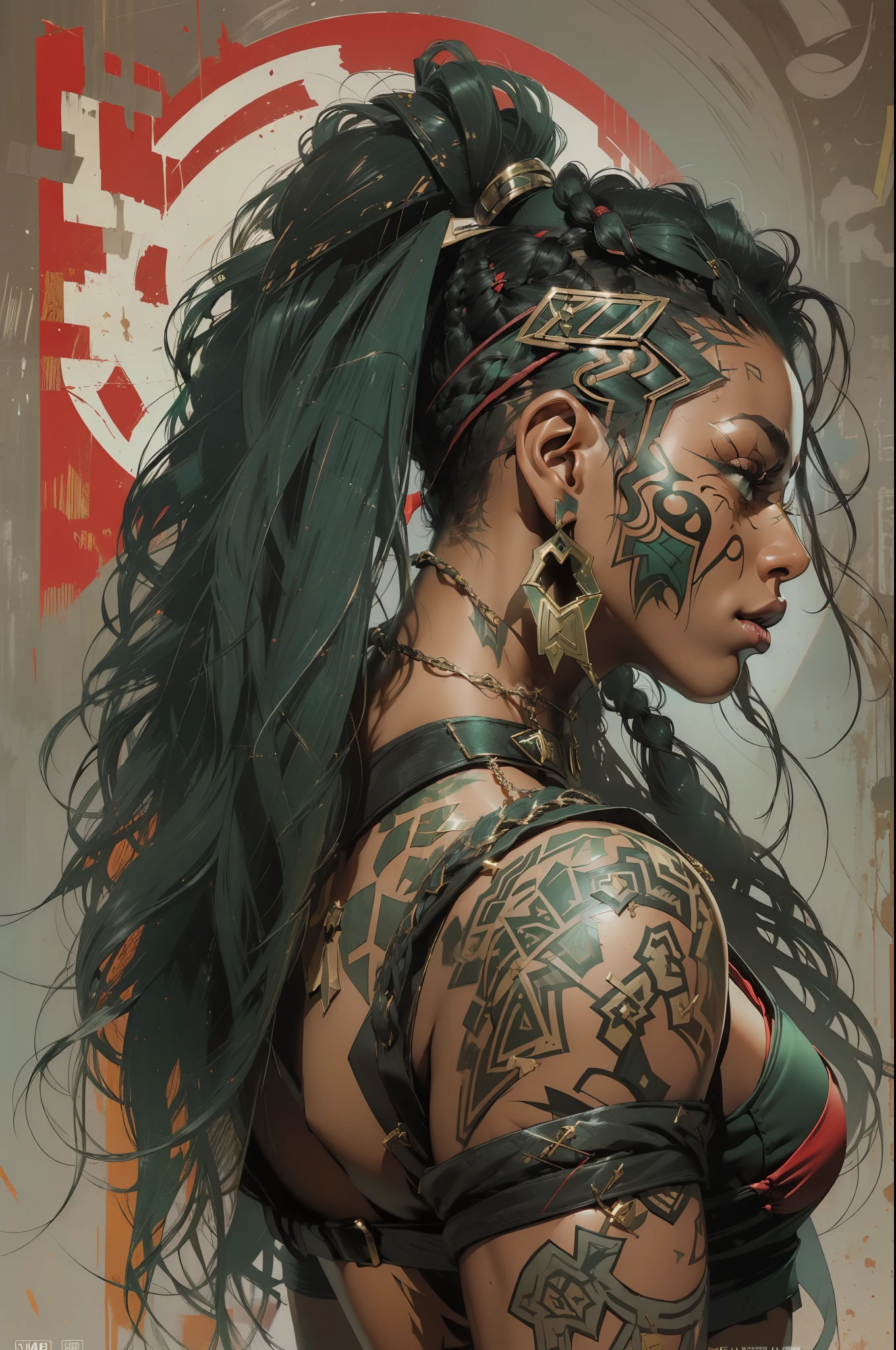 (((mulher))), (((melhor qualidade))), (((obra prima))), (((adulto))), laranja, A 30-year-old gladiator woman with an athletic body, rapper, capuz, (((sozinho))), (((1girl))) , Gladiadores do Brooklyn, quase nua no estilo selvagem urbano de Simon Bisley para a capa da revista Heavy Metal, cabelos pretos com ponytail, Minimum clothing, wavy pattern with green katakanas, vermelho e preto, armadura, cheio de pontas e rebites, (((do joelho pra cima))), mohawk hair with small braids